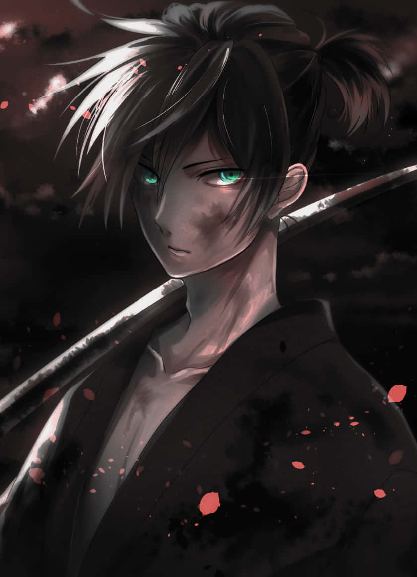 mysterious anime boy, sword, glowing green eyes, SD Phone Wallpaper
