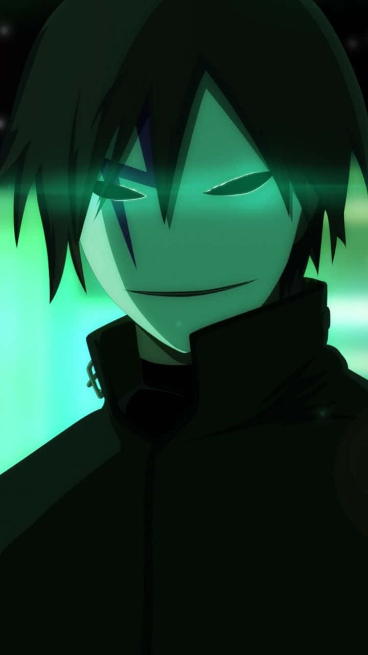 dark anime boy, glowing green eyes, subtle smile, HD Phone Wallpaper