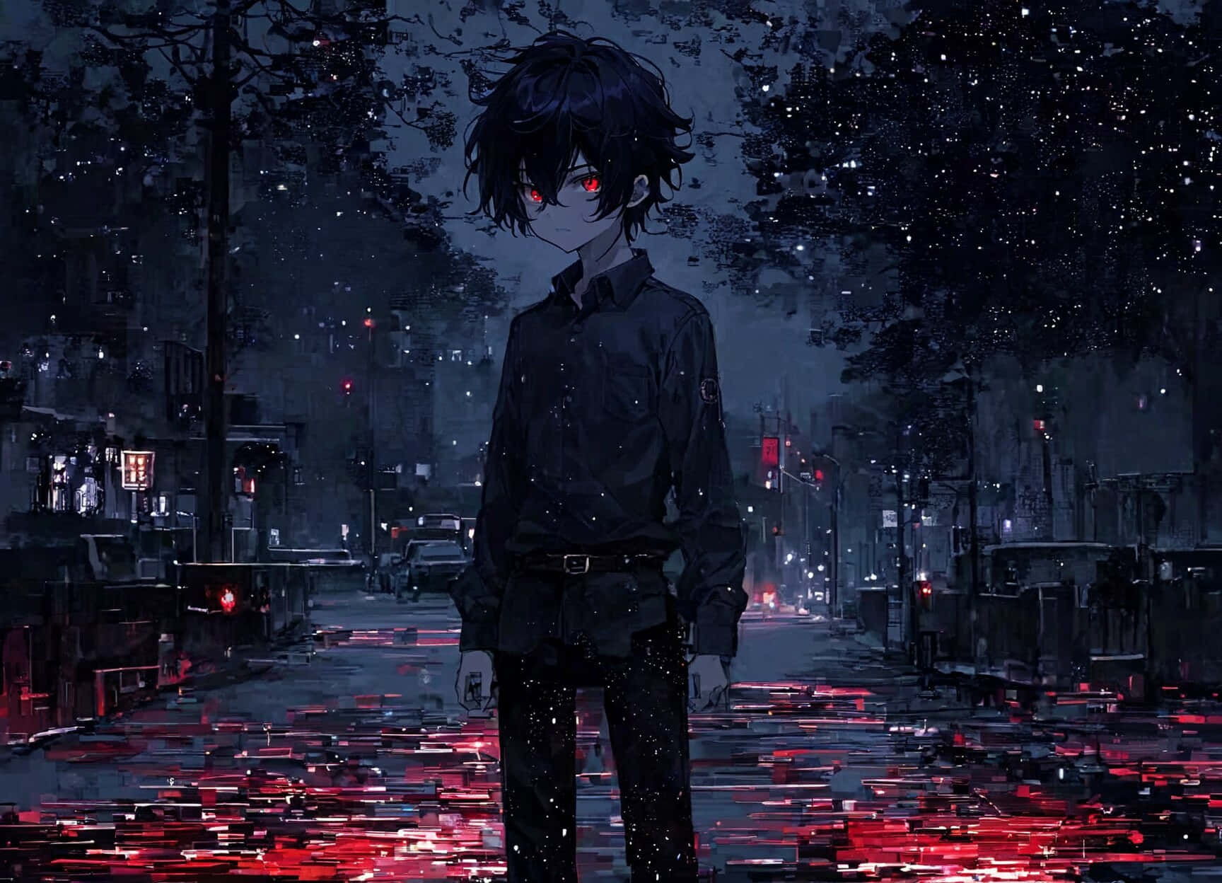 anime boy, glowing red eyes, rain-slicked city street, HD Desktop Wallpaper