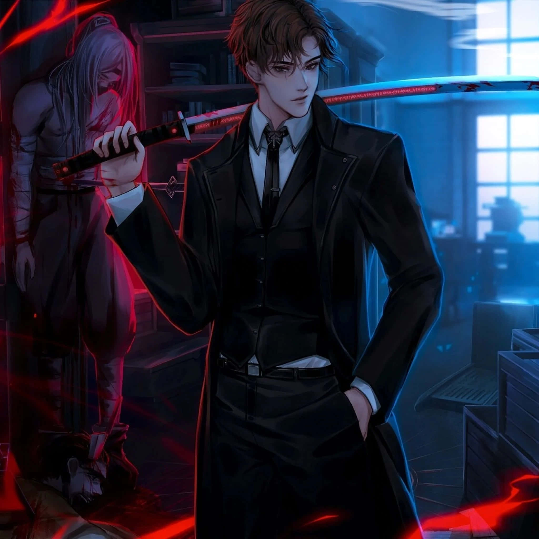 dark anime boy, auburn hair, intense eyes, Full HD Desktop Wallpaper