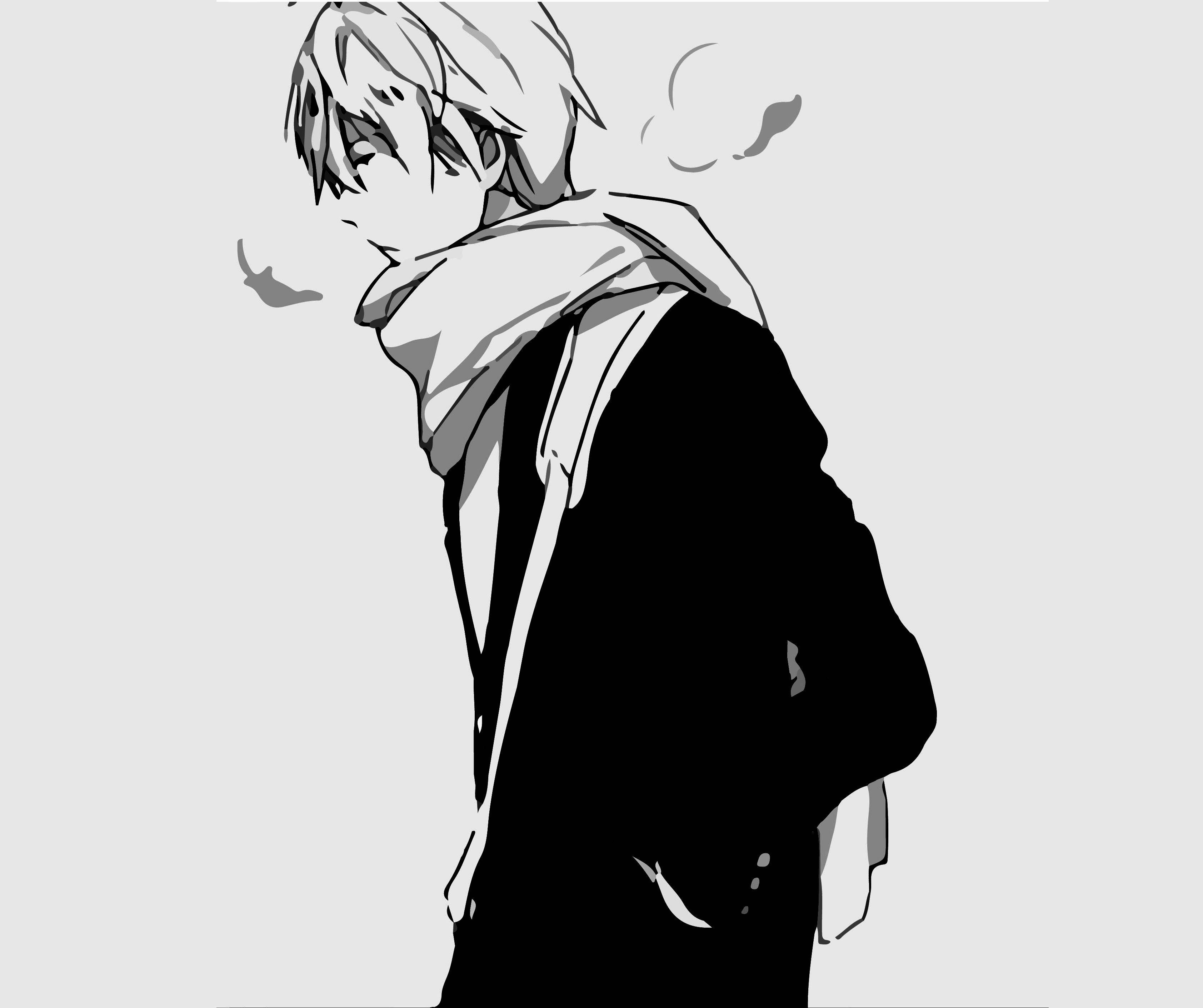Black and White Anime Boy, messy hair, scarf, 2K Desktop Wallpaper