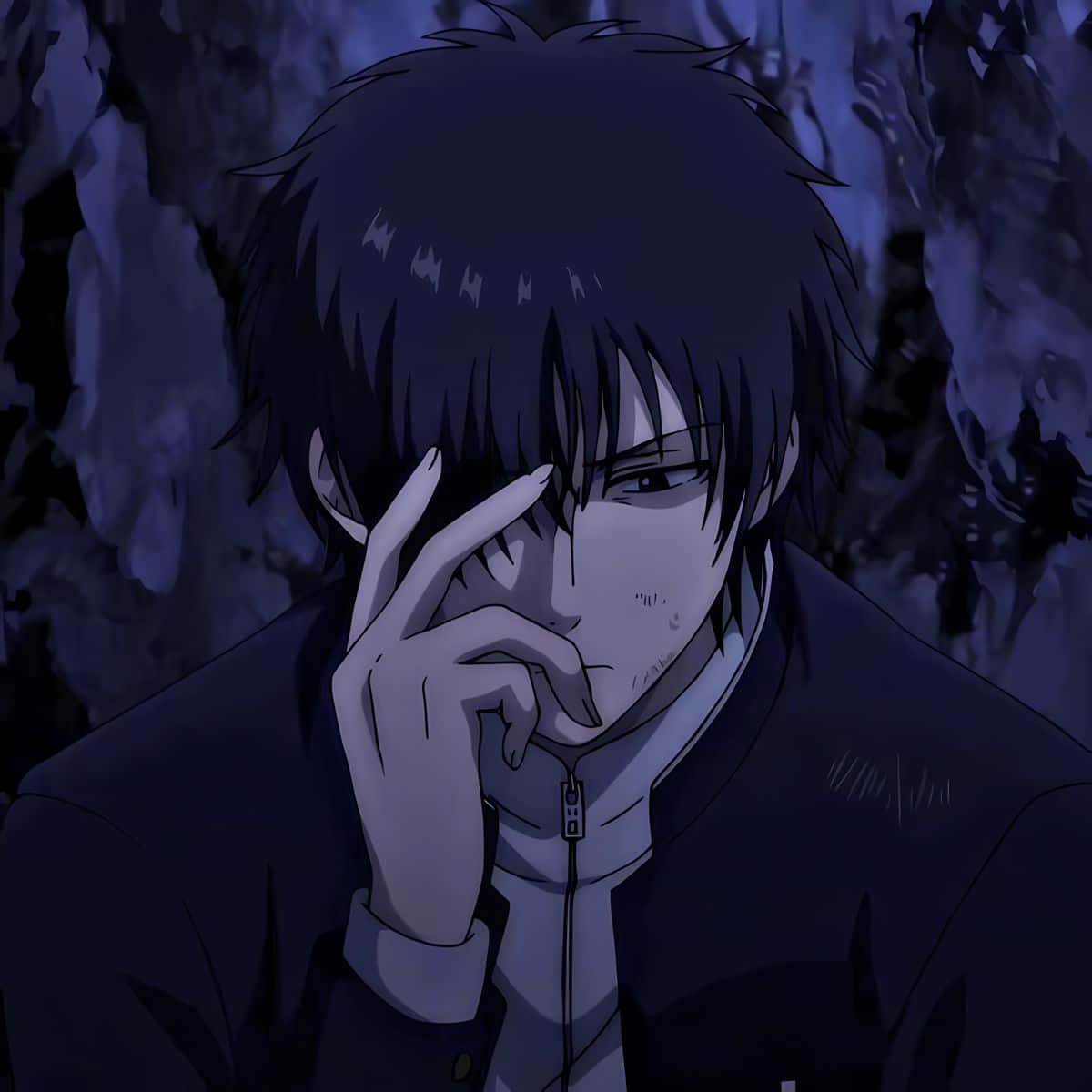 dark-haired anime boy, jacket, shadowy purple rock formations, SD Desktop Wallpaper