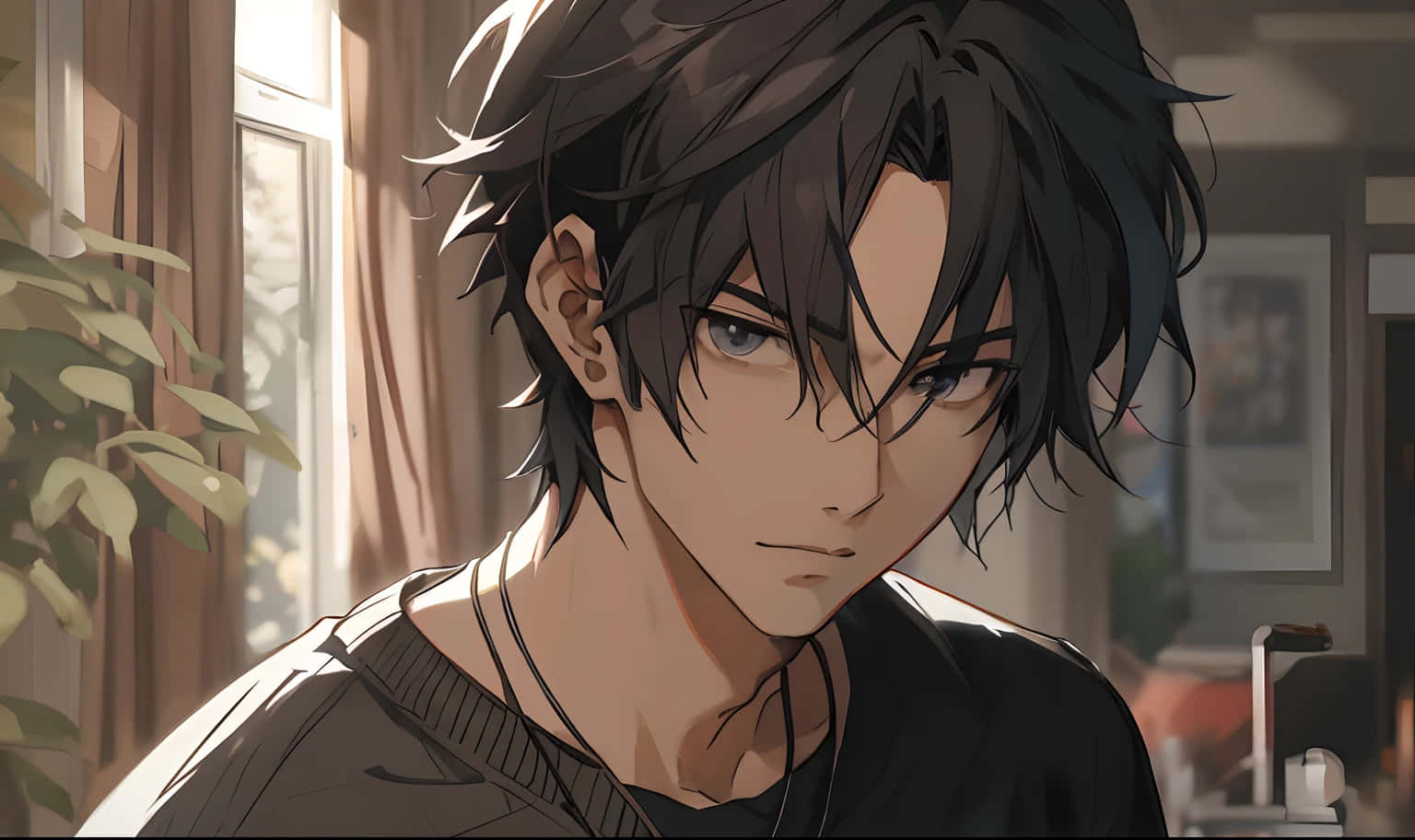 anime boy, black hair, serious look, HD Desktop Wallpaper