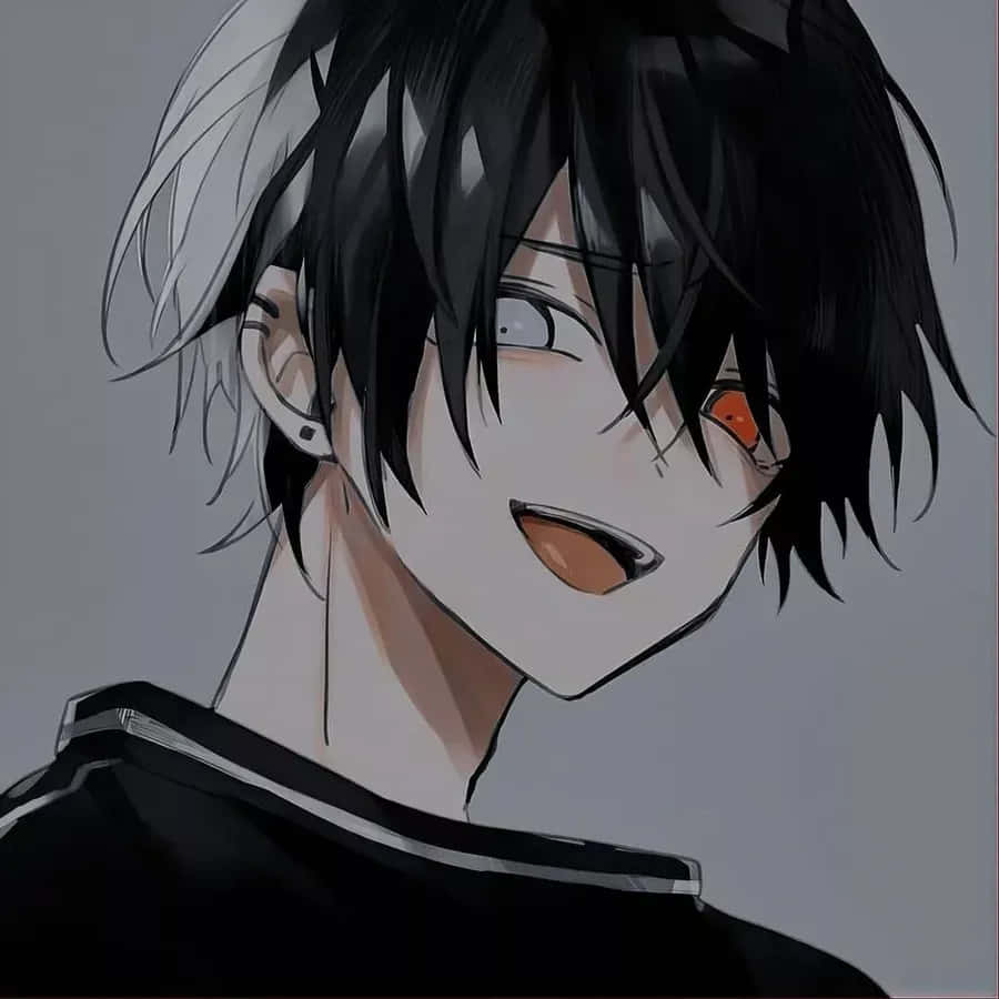 anime boy, black and white hair, orange eye, SD Desktop Wallpaper