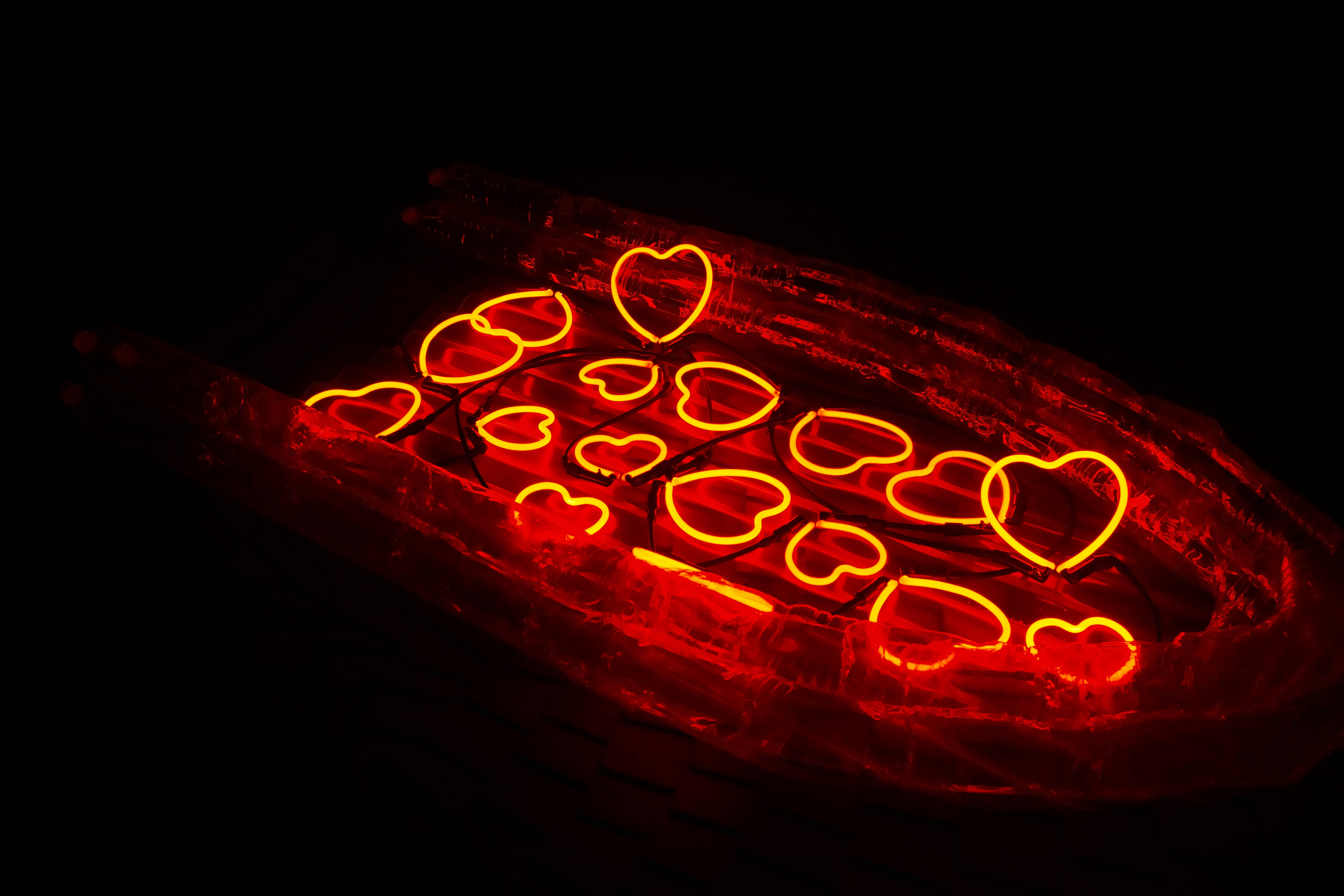 Dark Heart, glowing red, neon sign, 5K Desktop Wallpaper