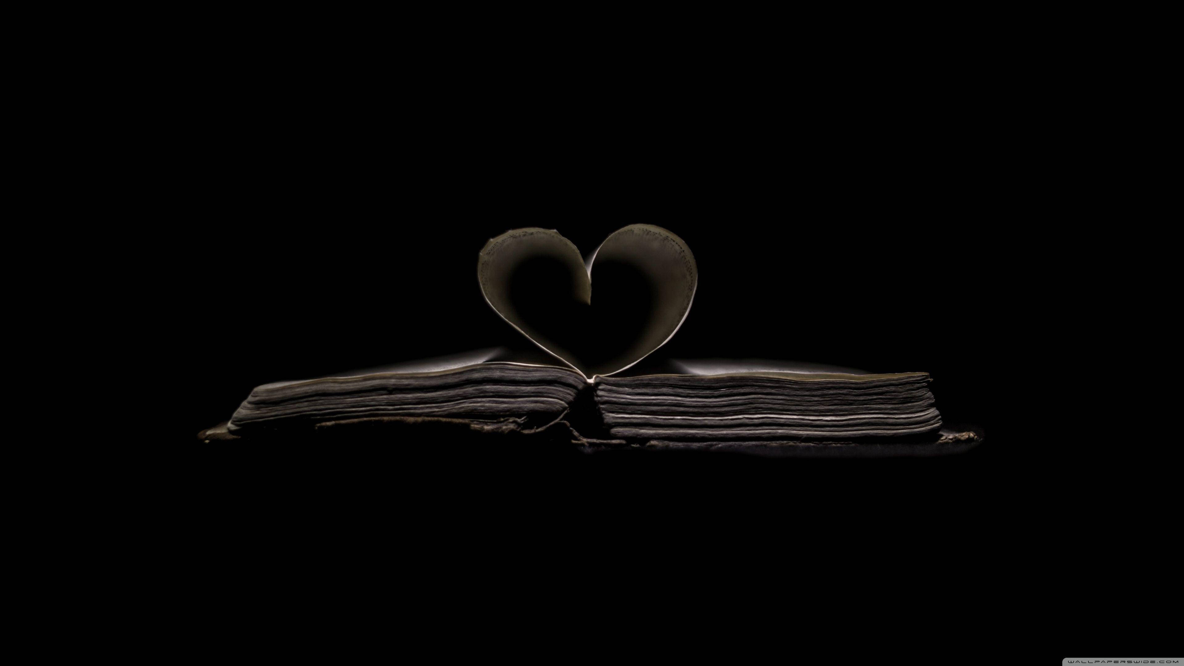 Dark Heart, old book pages, open book, 4K Desktop Wallpaper