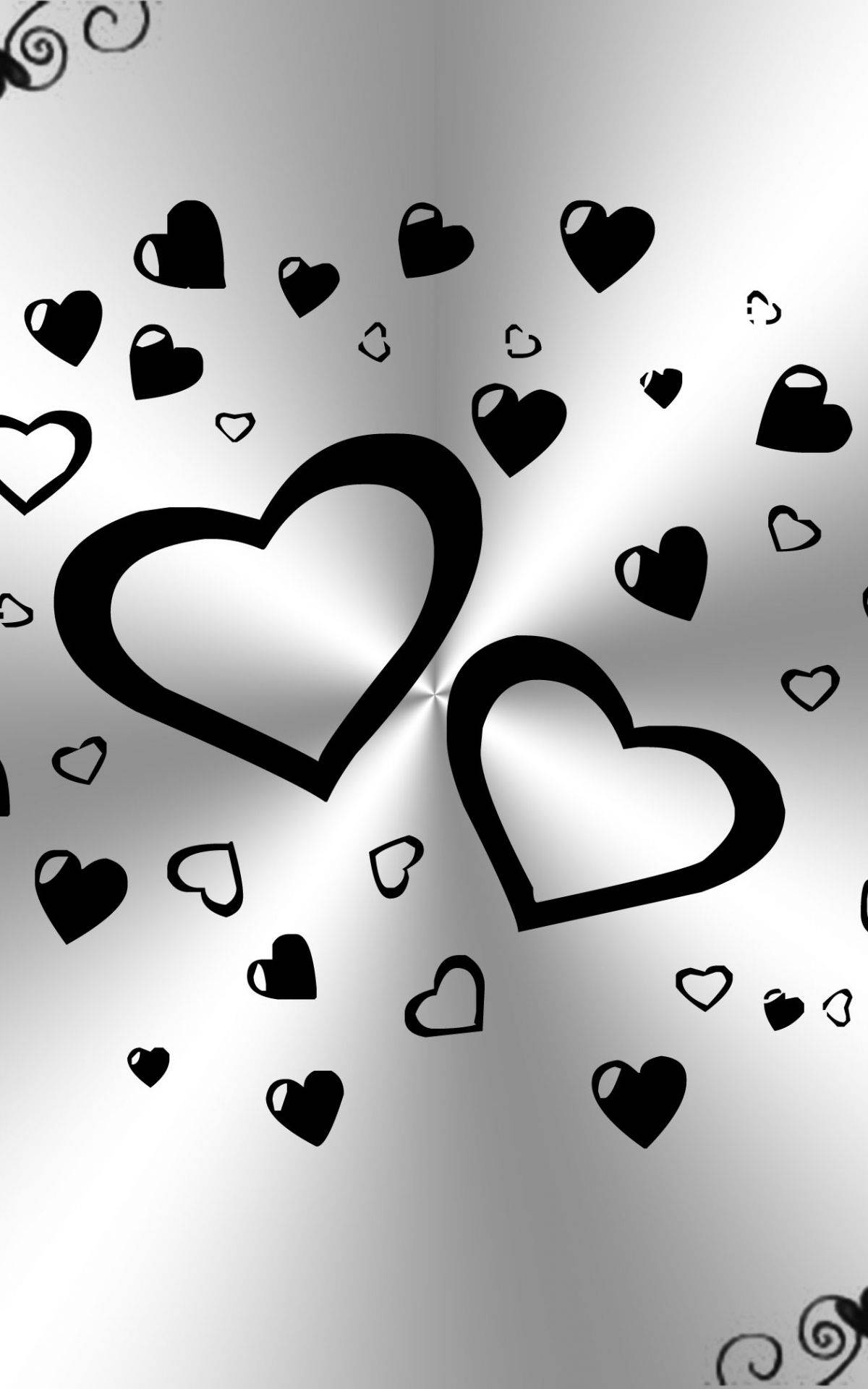 Dark Heart, black heart outlines, radiant silver gradient background, Full HD Phone Wallpaper