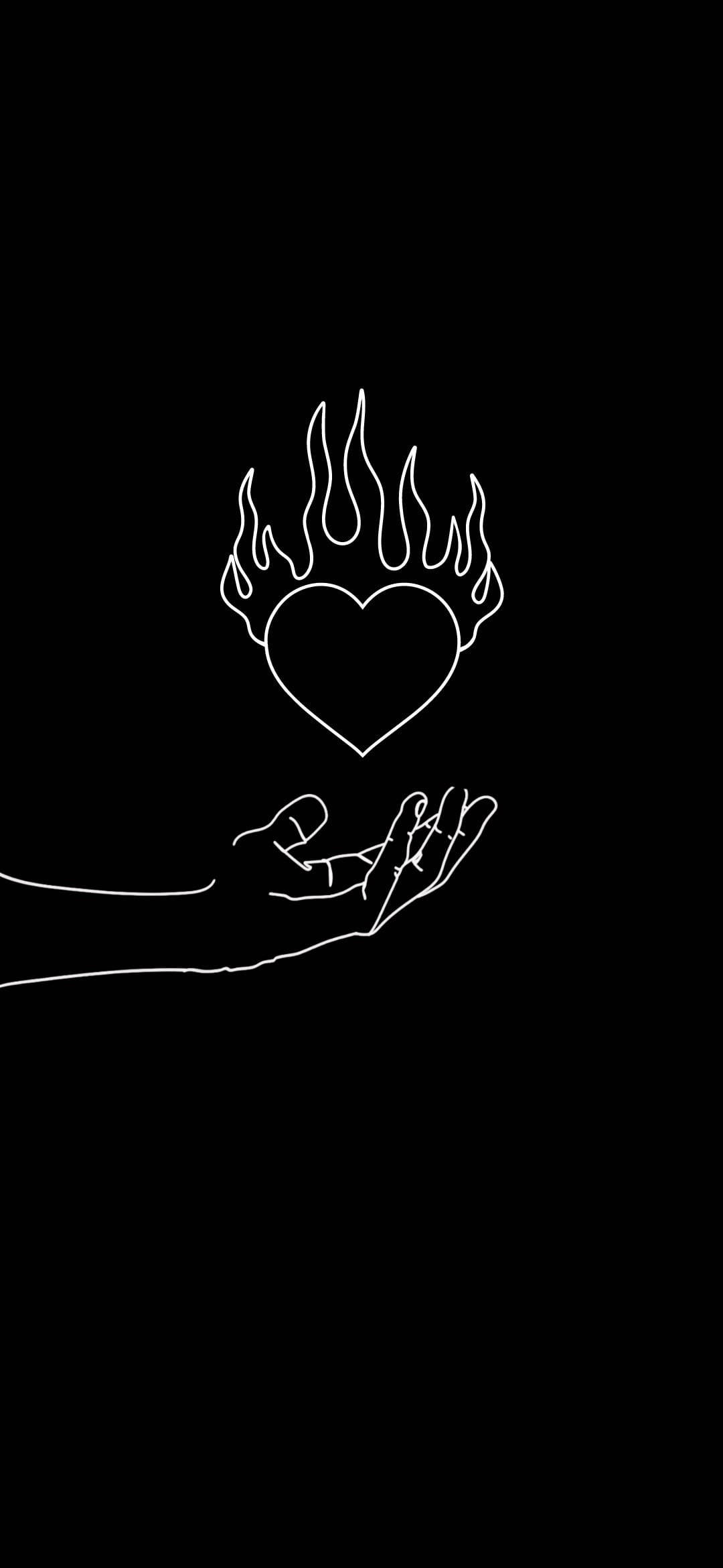 flaming heart, white line drawing, open hand, Full HD Phone Wallpaper