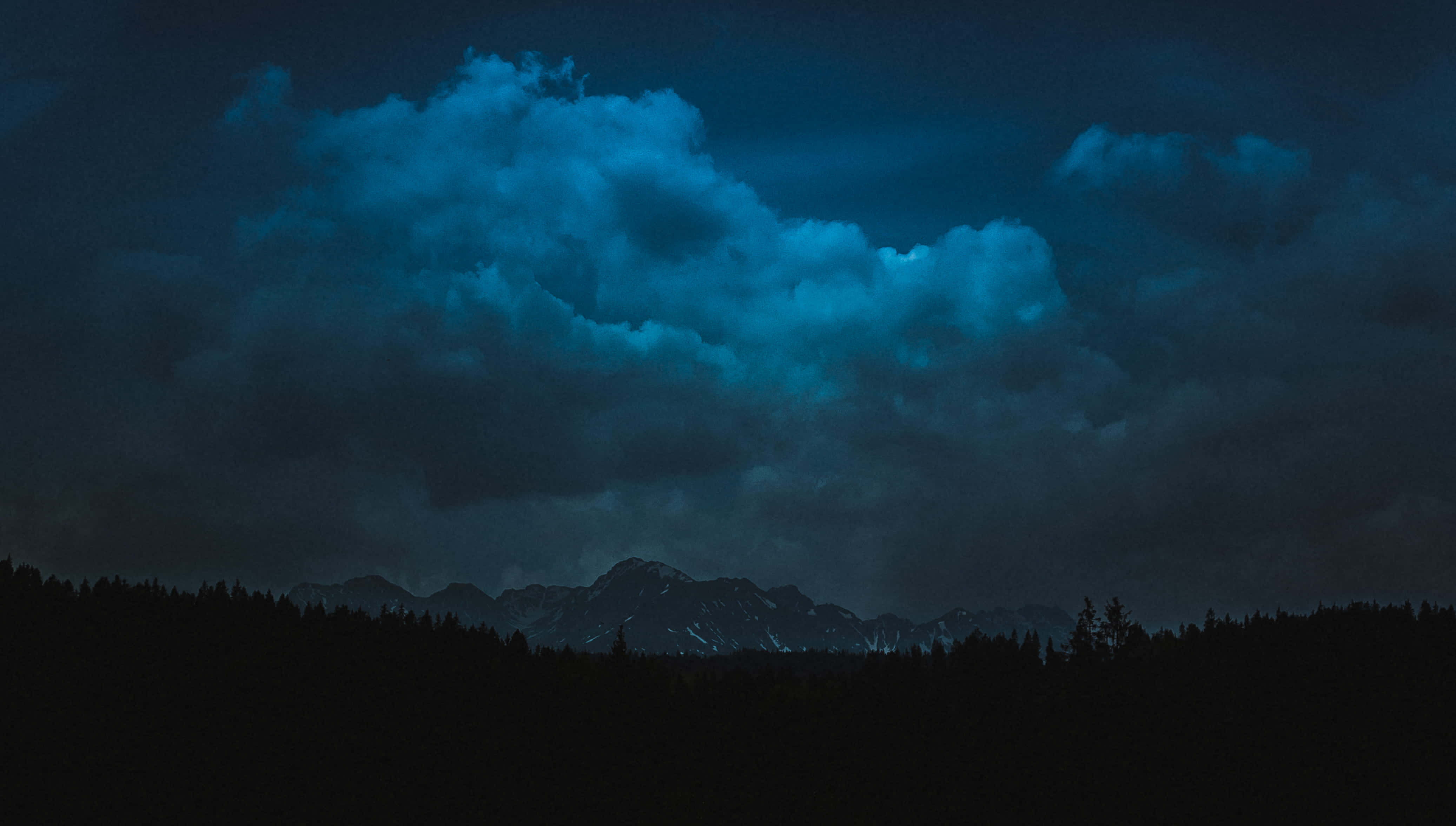 Dark Heaven, glowing blue clouds, dark forest, 4K Desktop Wallpaper