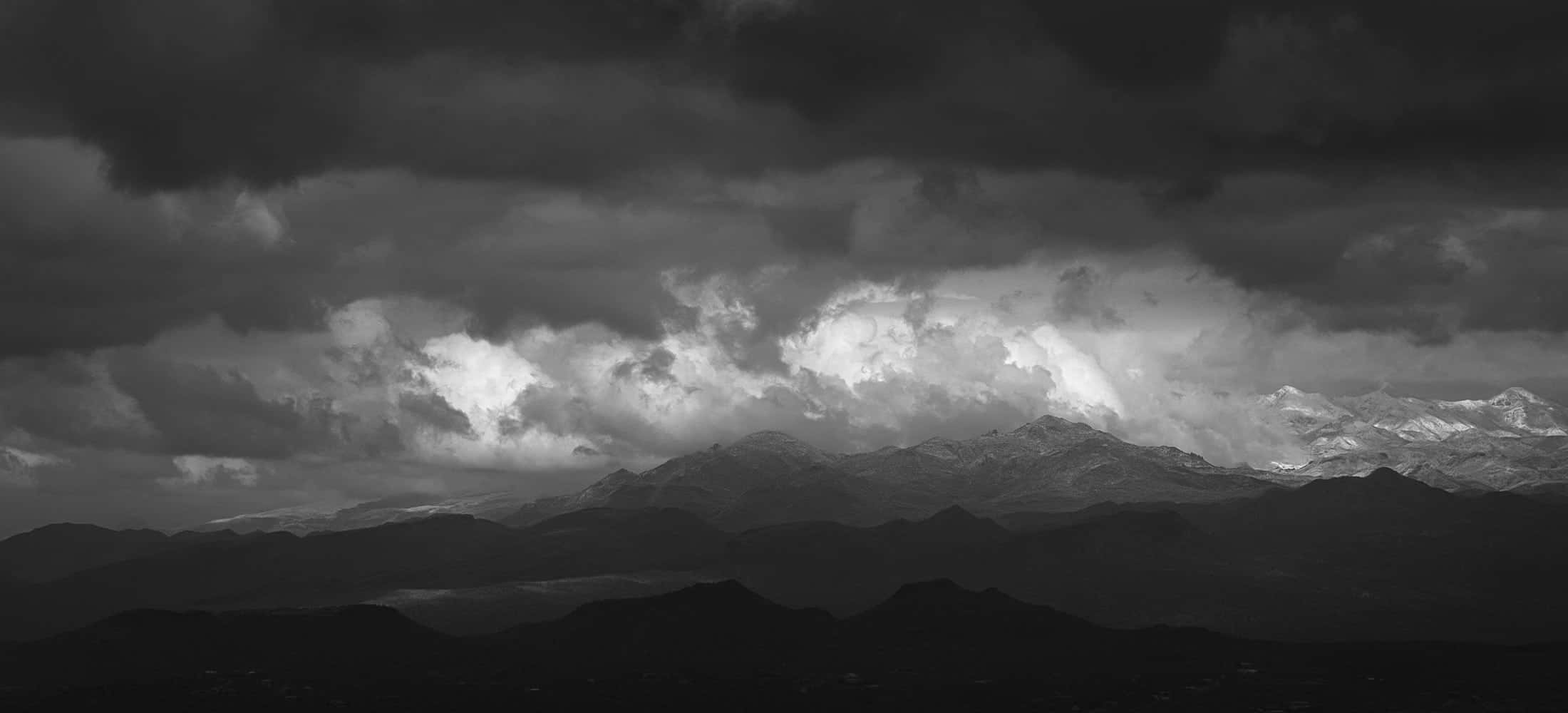 Dark Heaven, monochrome mountain range, stormy sky, Full HD Desktop Wallpaper