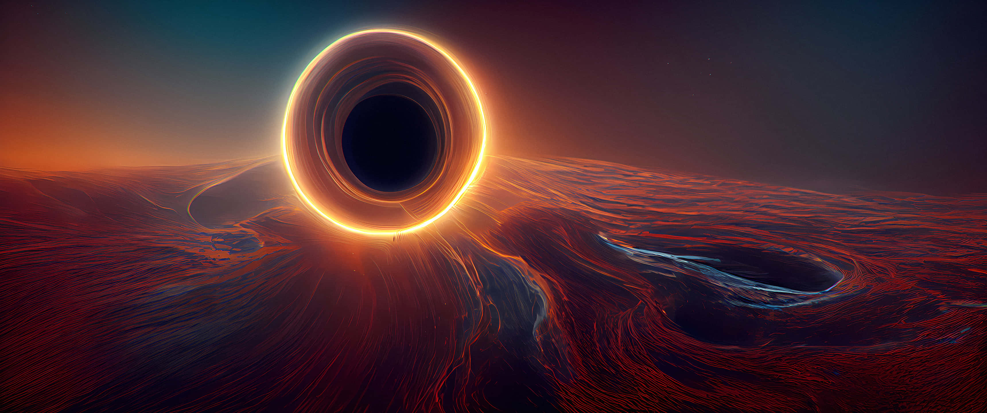 black hole, fiery orange rim, swirling red alien landscape, 2K Desktop Wallpaper