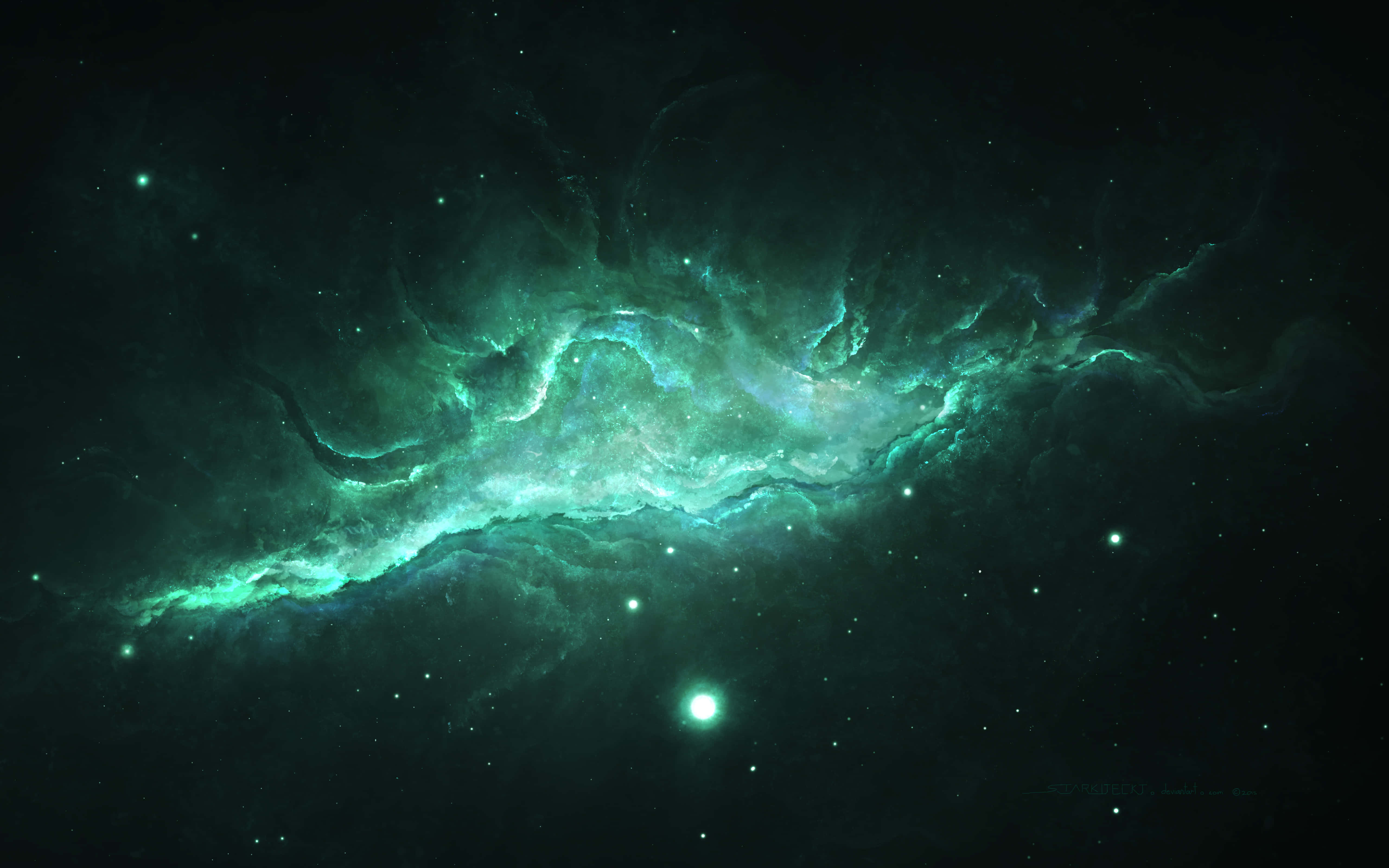 teal nebula, deep space, twinkling stars, 5K Desktop Wallpaper
