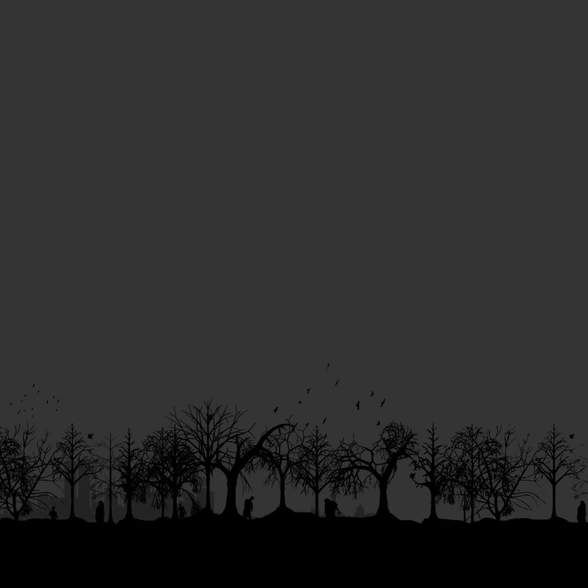 Dark iPad, silhouetted bare trees, tiny human figures, Full HD Desktop Wallpaper