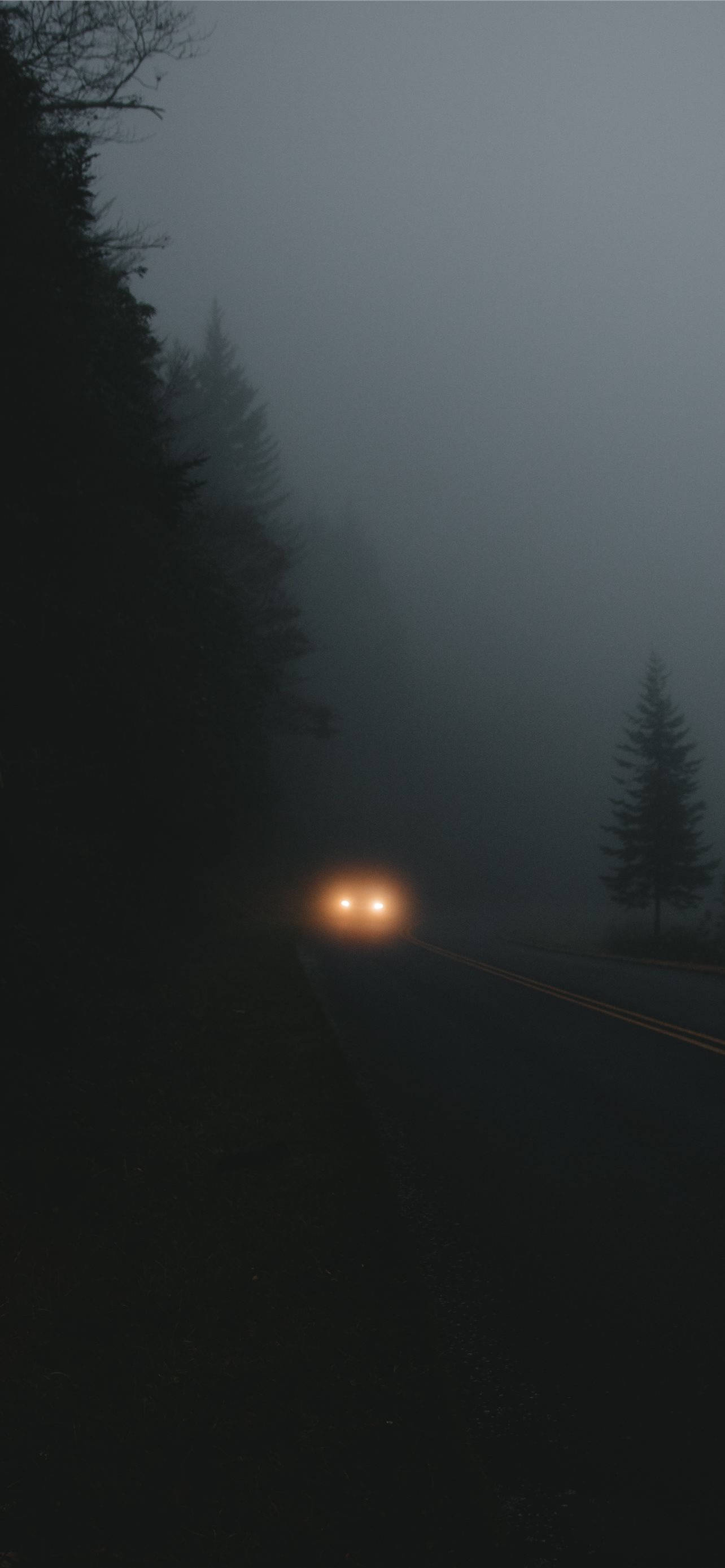 Dark iPhone, foggy road, night, 2K Phone Wallpaper