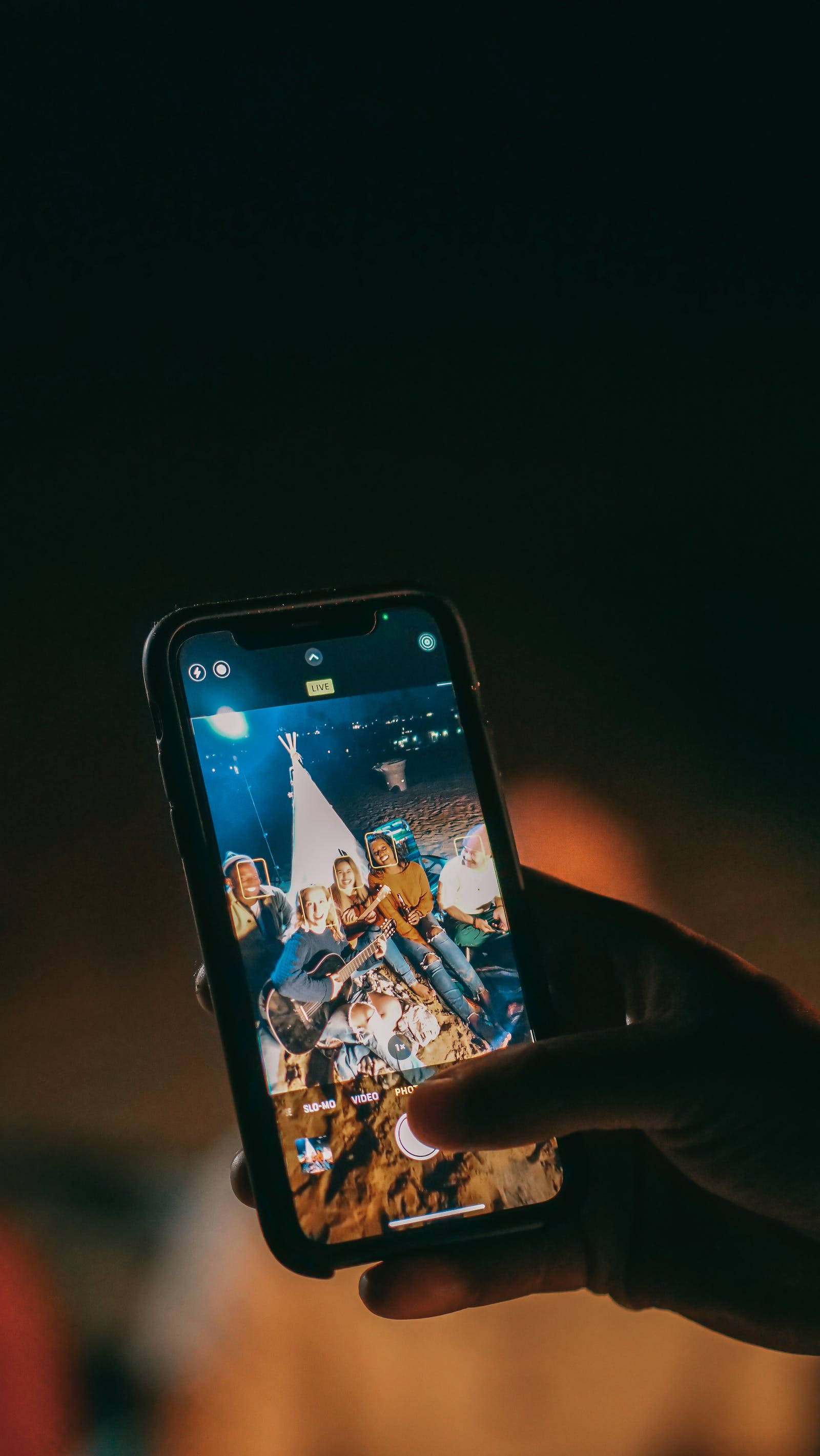 iPhone, campfire, starry night sky, 2K Phone Wallpaper