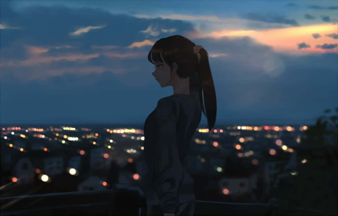 dark anime scenery, young anime girl, ponytail, SD Desktop Wallpaper