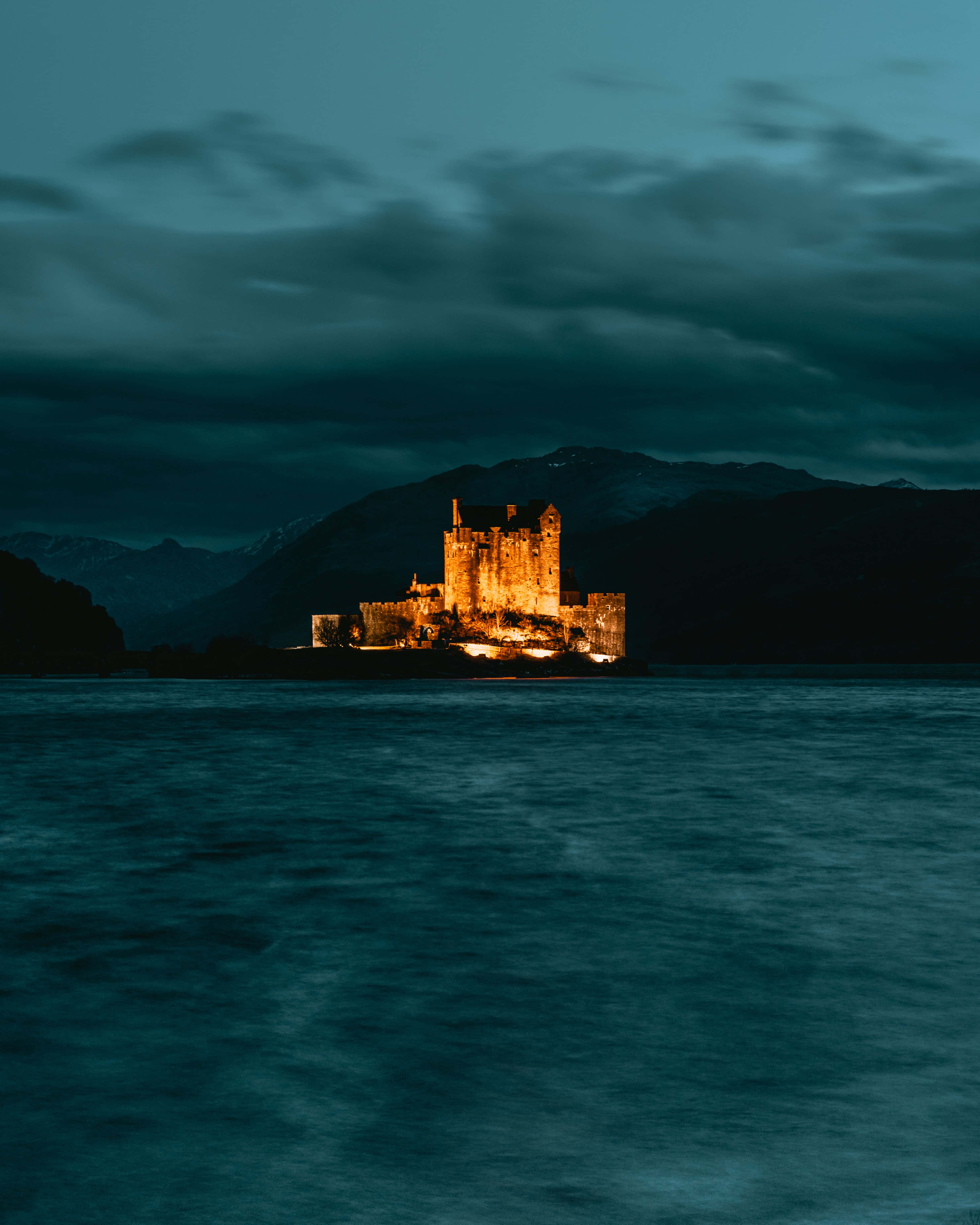 Dark Island, Sunset, castle, 4K Phone Wallpaper