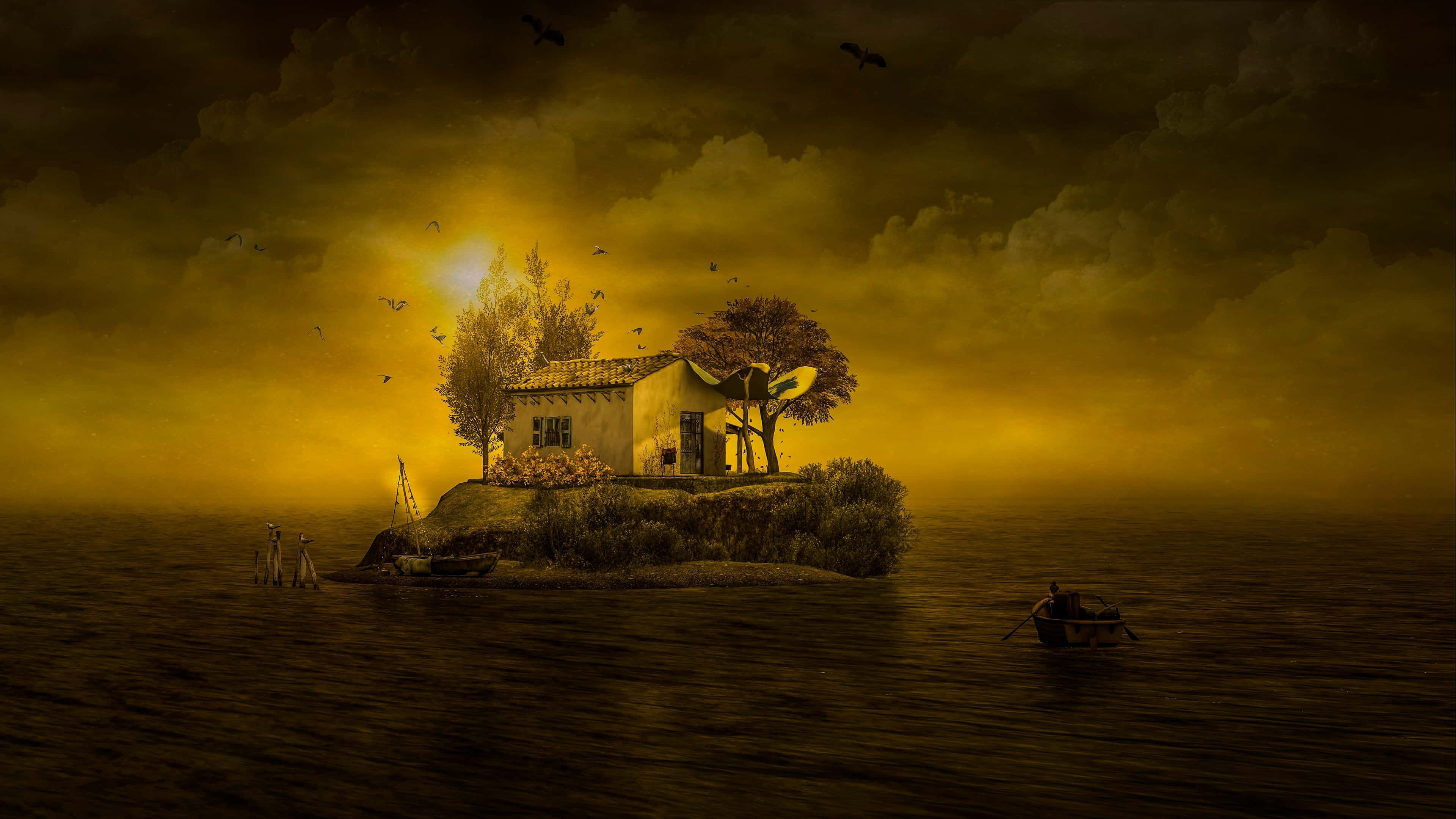 Dark Island, golden sunset sky, vast ocean, 4K Desktop Wallpaper