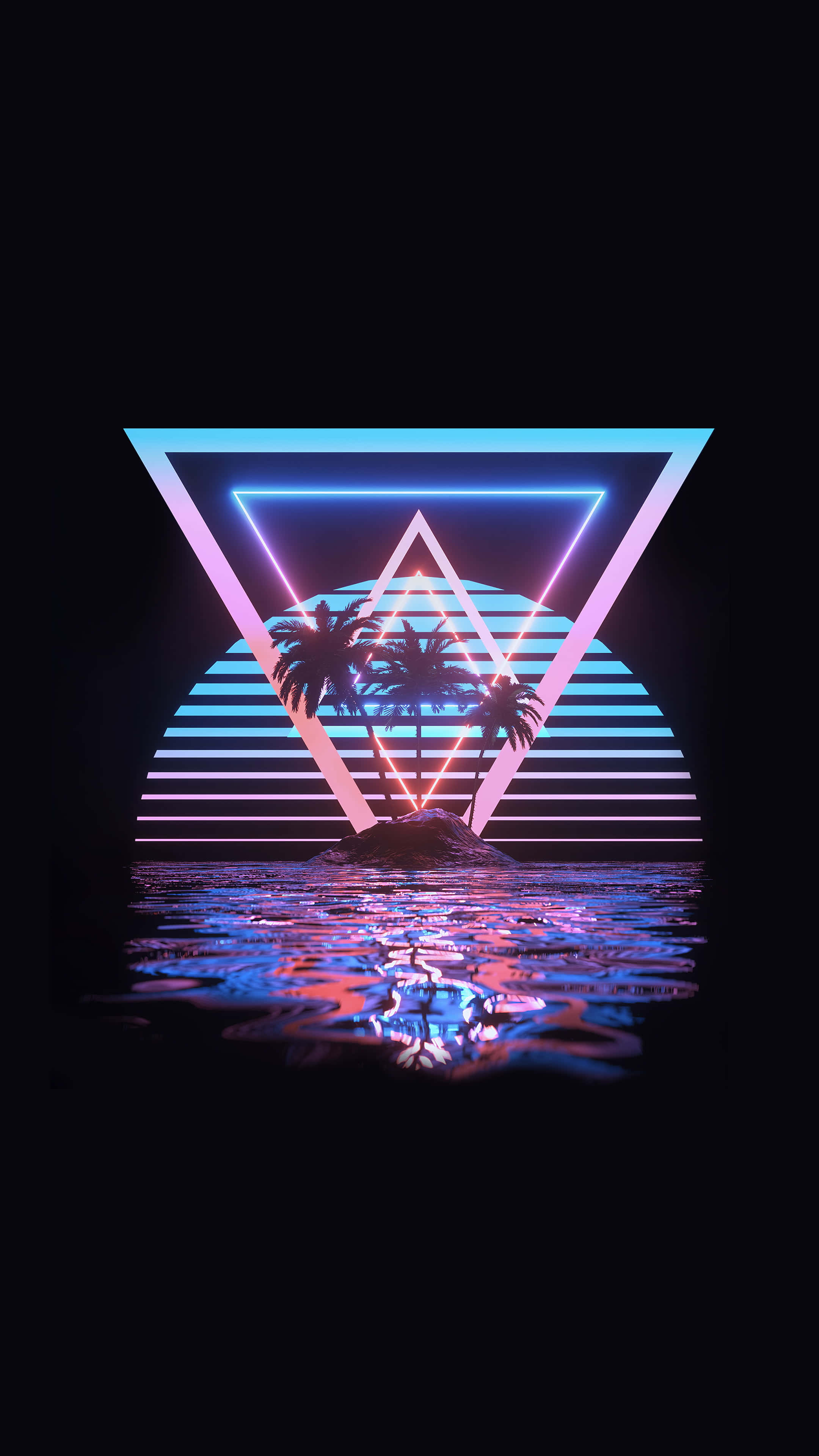 Dark Island, neon triangle, tropical island, 4K Phone Wallpaper