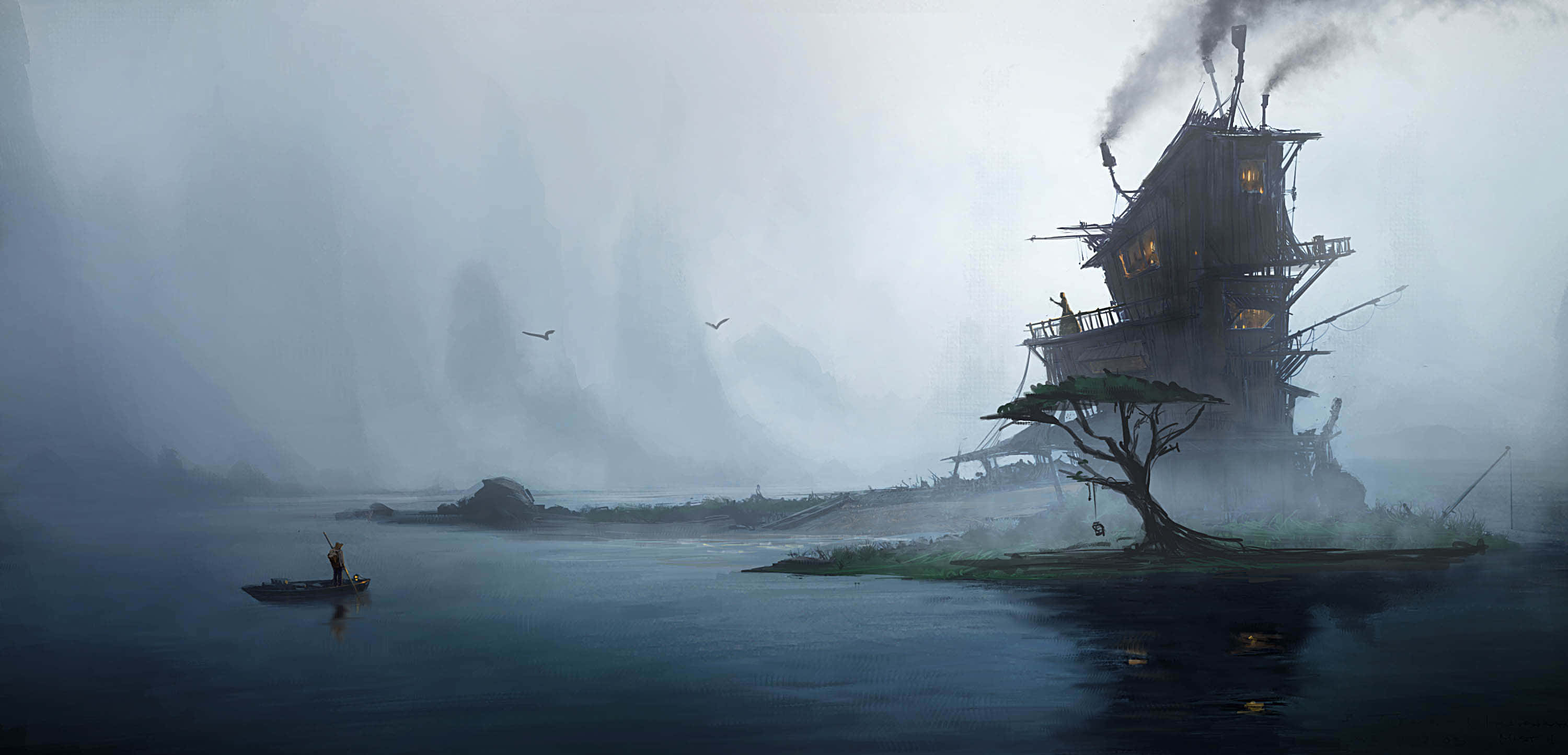 Dark Island, mist, riverbank, 2K Desktop Wallpaper