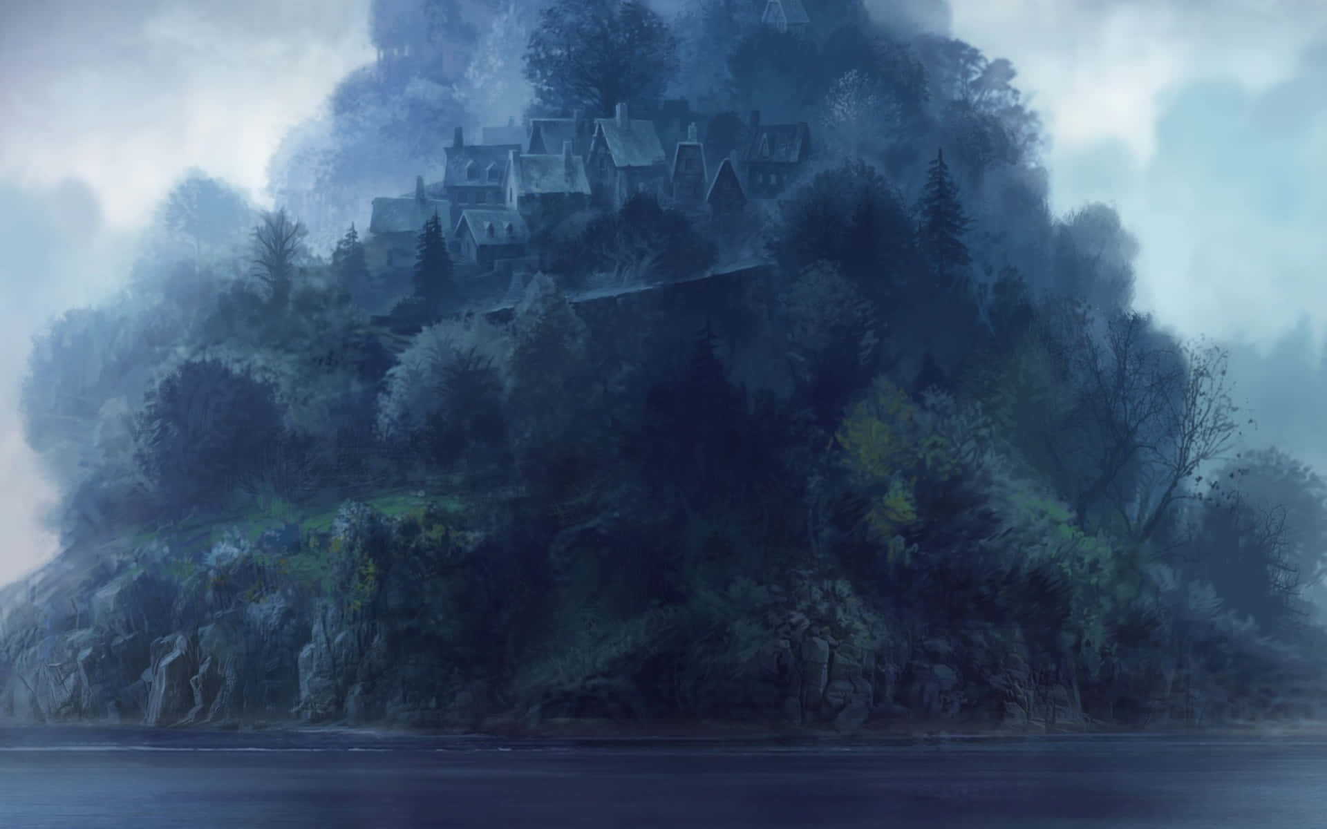 Dark Island, mist, village, Full HD Desktop Wallpaper