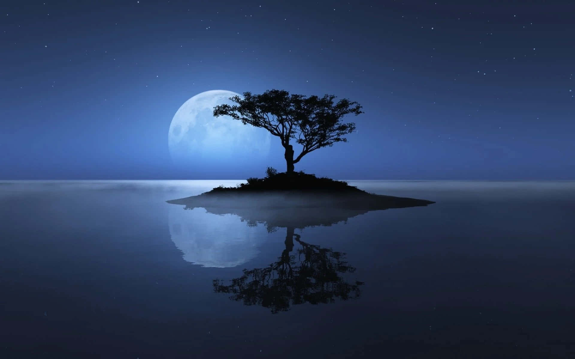 Dark Island, full moon, calm waters, Full HD Desktop Wallpaper