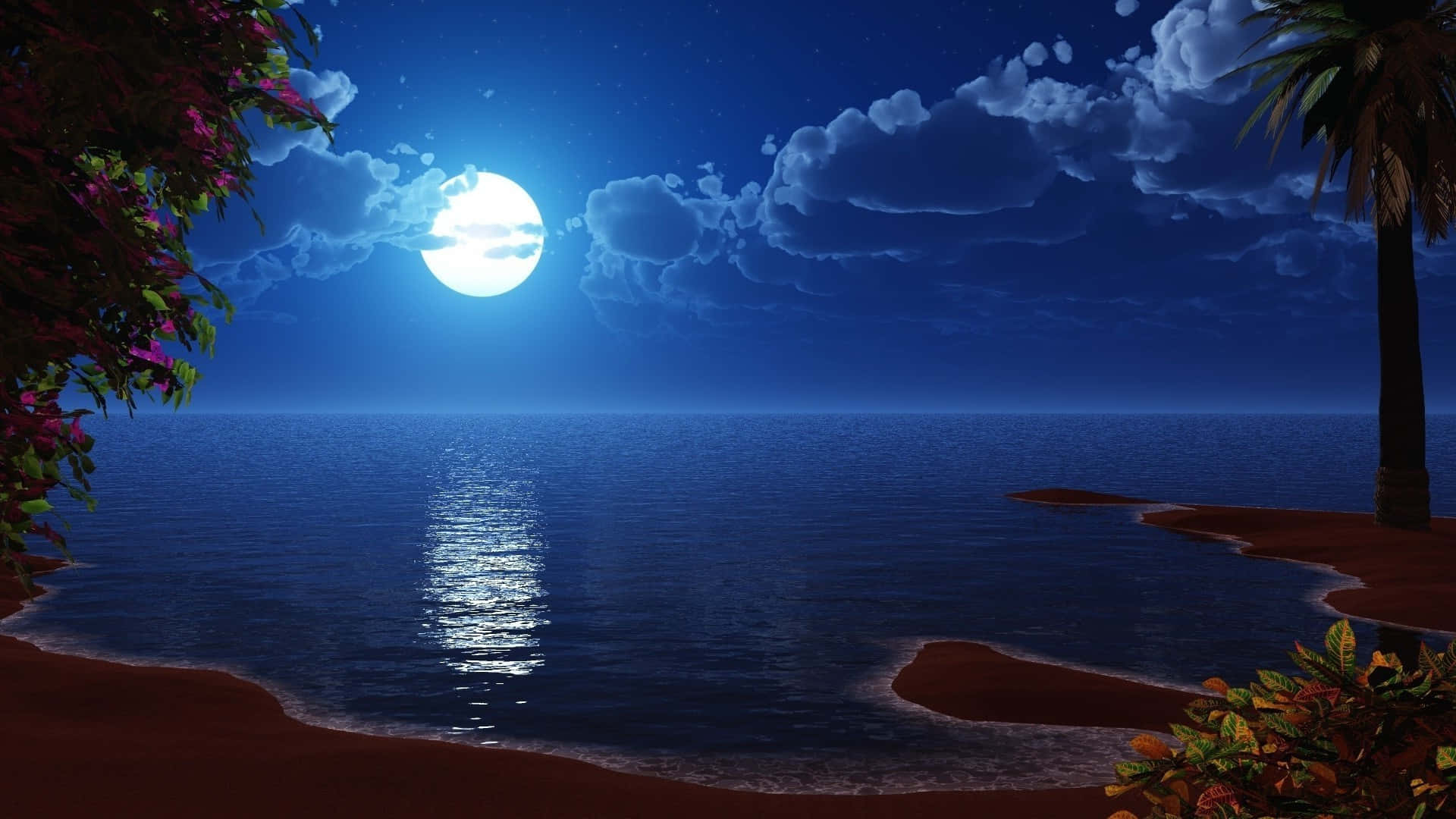 Dark Island, moonlit beach, full moon, Full HD Desktop Wallpaper