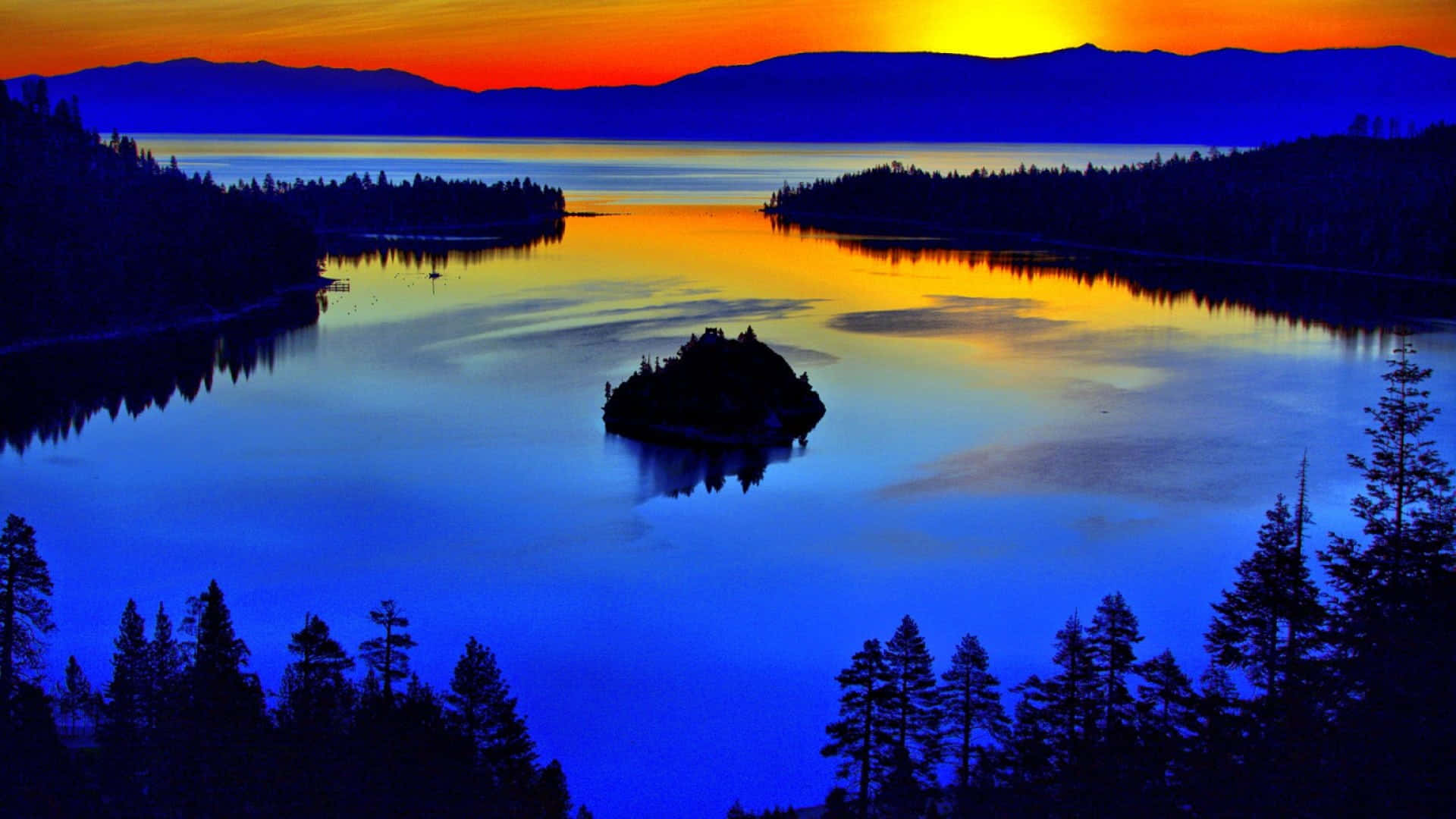 Dark Island, sunset, lake, Full HD Desktop Wallpaper