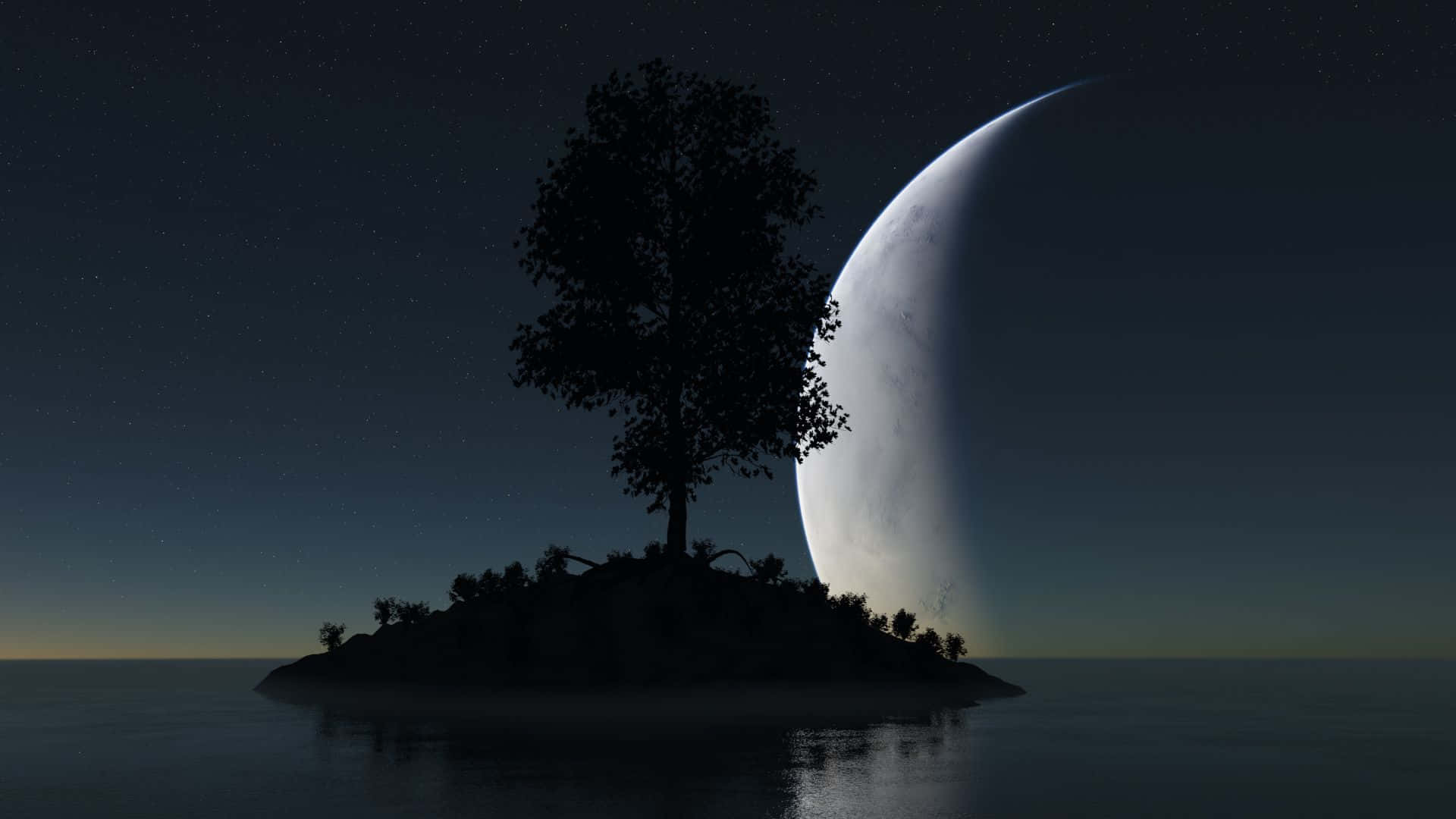 Dark Island, crescent moon, starry night sky, Full HD Desktop Wallpaper