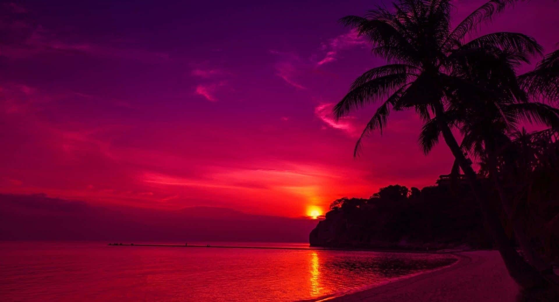 Dark Island, purple and red sunset, calm ocean, Full HD Desktop Wallpaper