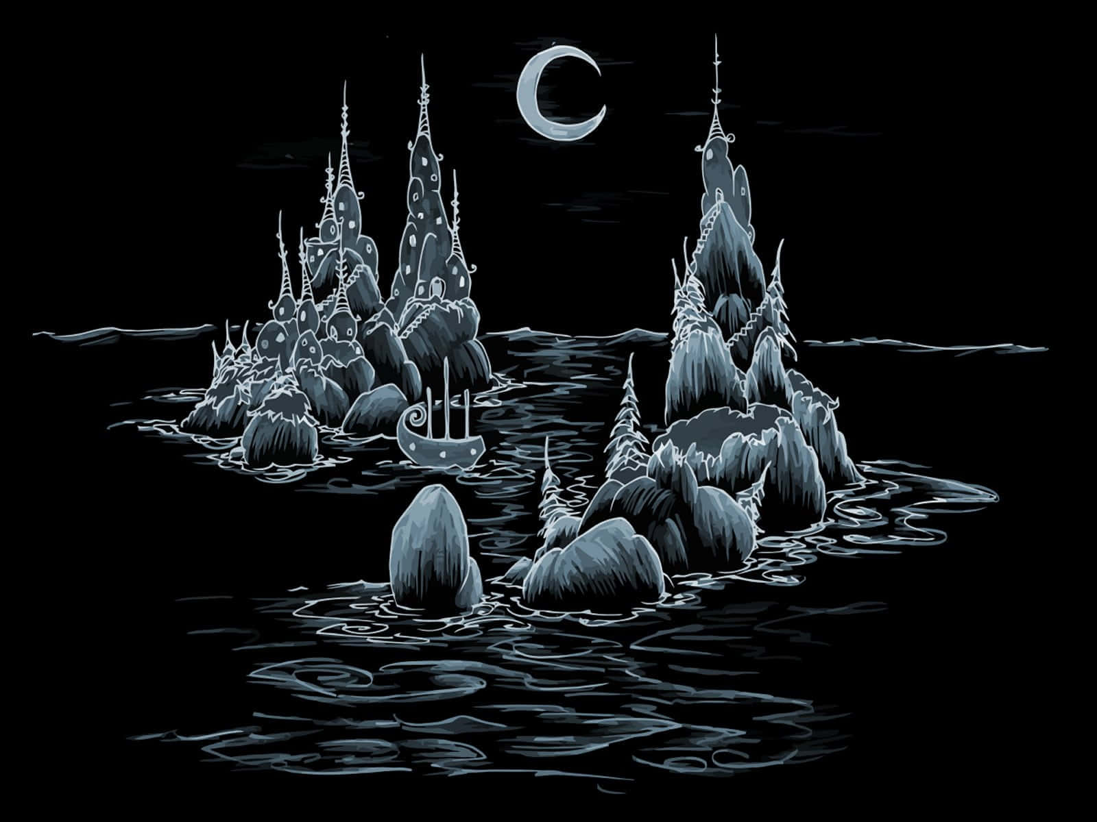 Dark Island, crescent moon, ghostly ship, HD Desktop Wallpaper