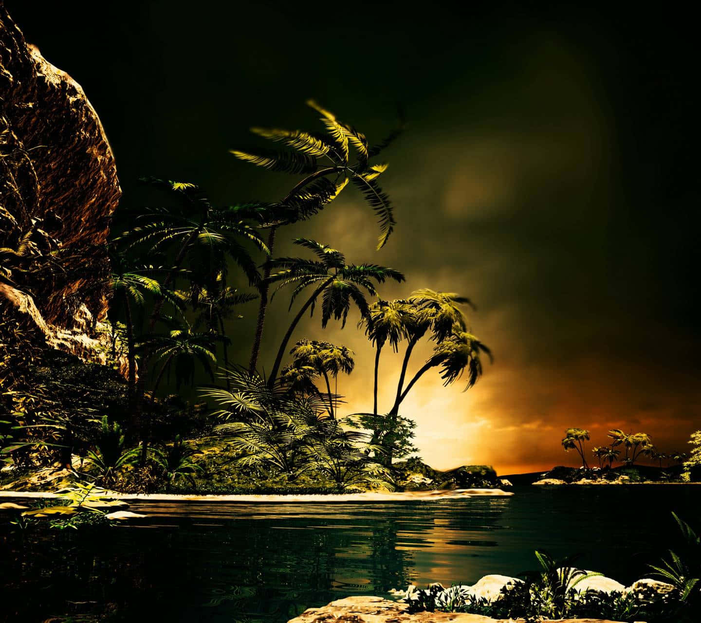 Dark Island, sunset, tropical jungle shoreline, HD Desktop Wallpaper