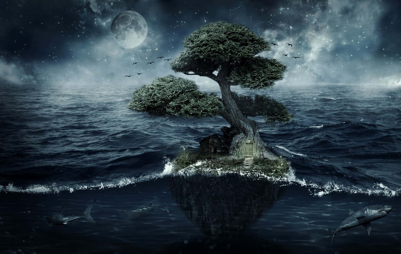 Dark Island, gnarled tree, floating island, HD Desktop Wallpaper