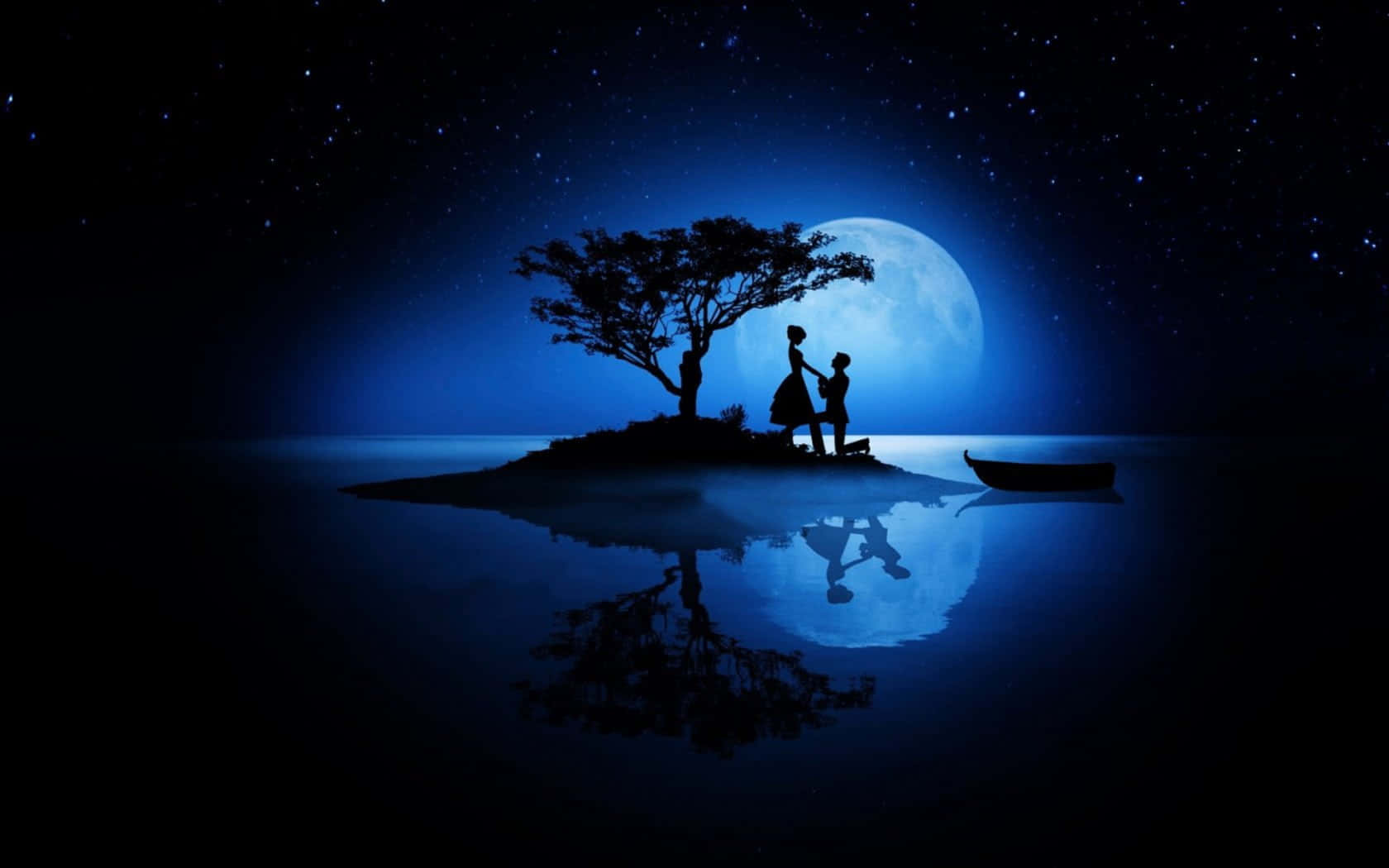 Dark Island, glowing moon, silhouetted couple, HD Desktop Wallpaper
