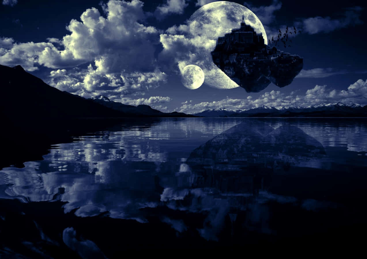 Dark Island, twin moons, serene lake, SD Desktop Wallpaper