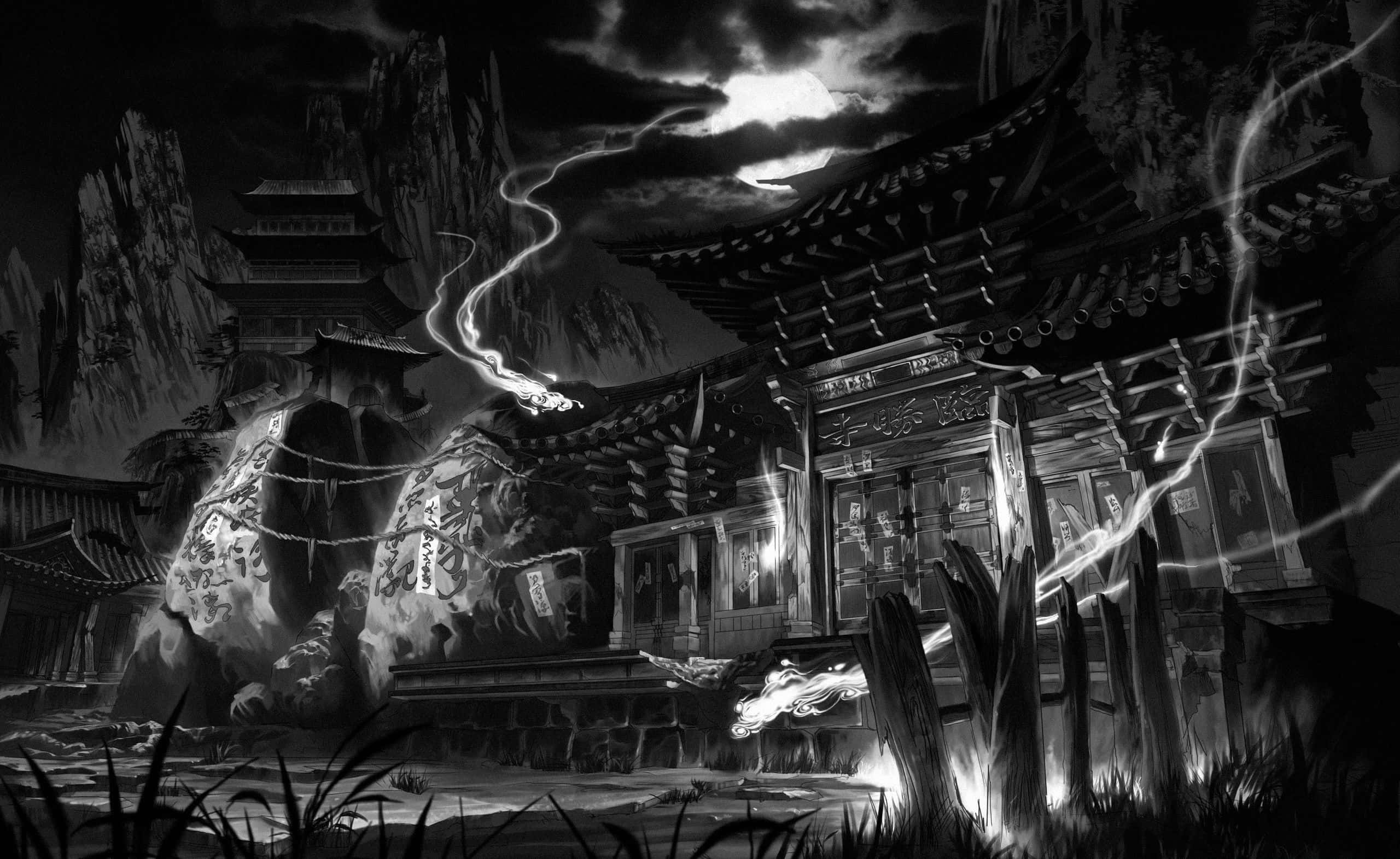 monochrome anime-style shrine, traditional architecture, jagged mountains, 2K Desktop Wallpaper