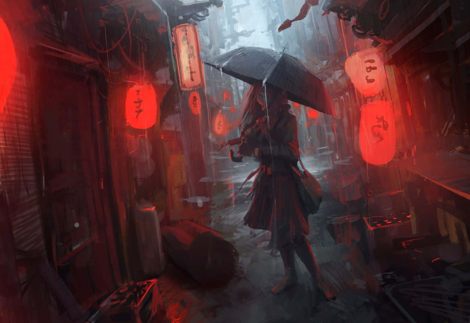 Japanese spirits, rainy alley, black umbrella, HD Desktop Wallpaper