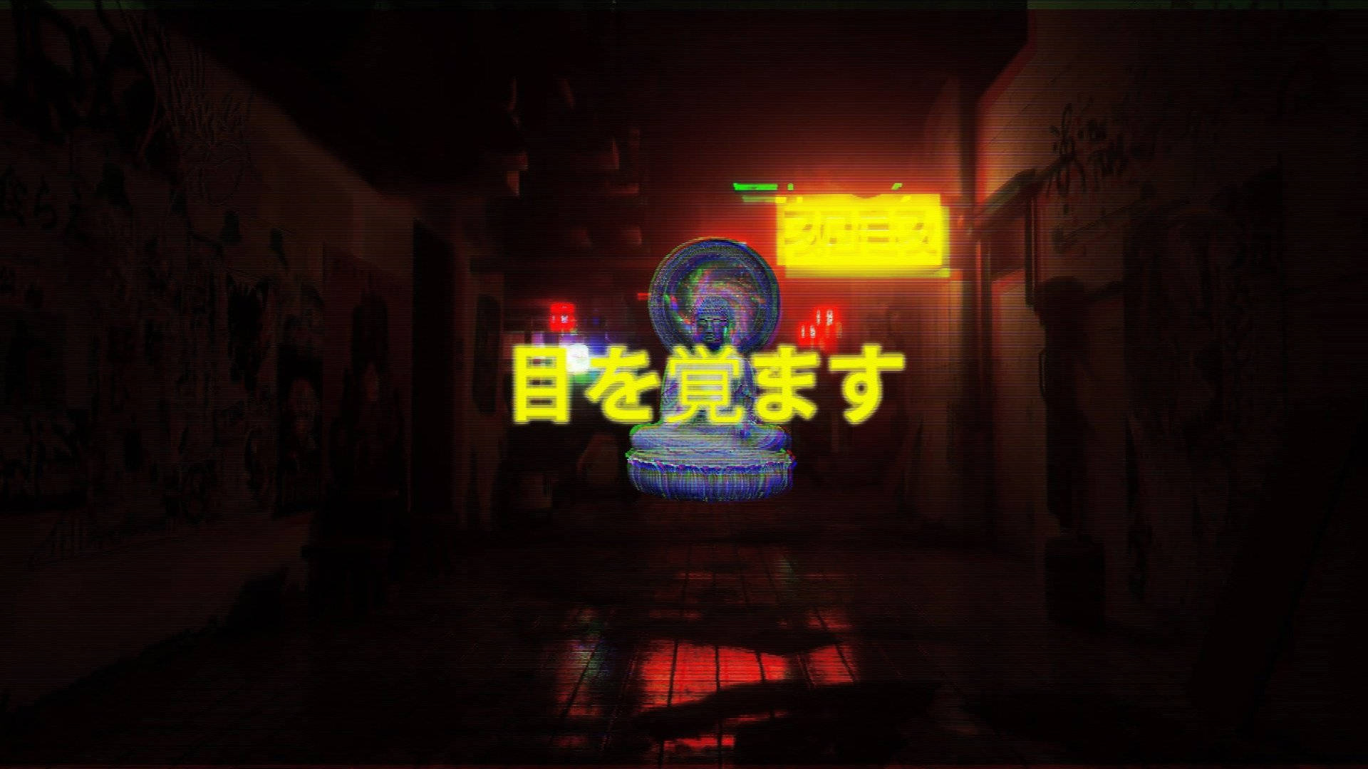 Dark Japanese aesthetic, yellow lights, glowing blue Buddha statue, Full HD Desktop Wallpaper