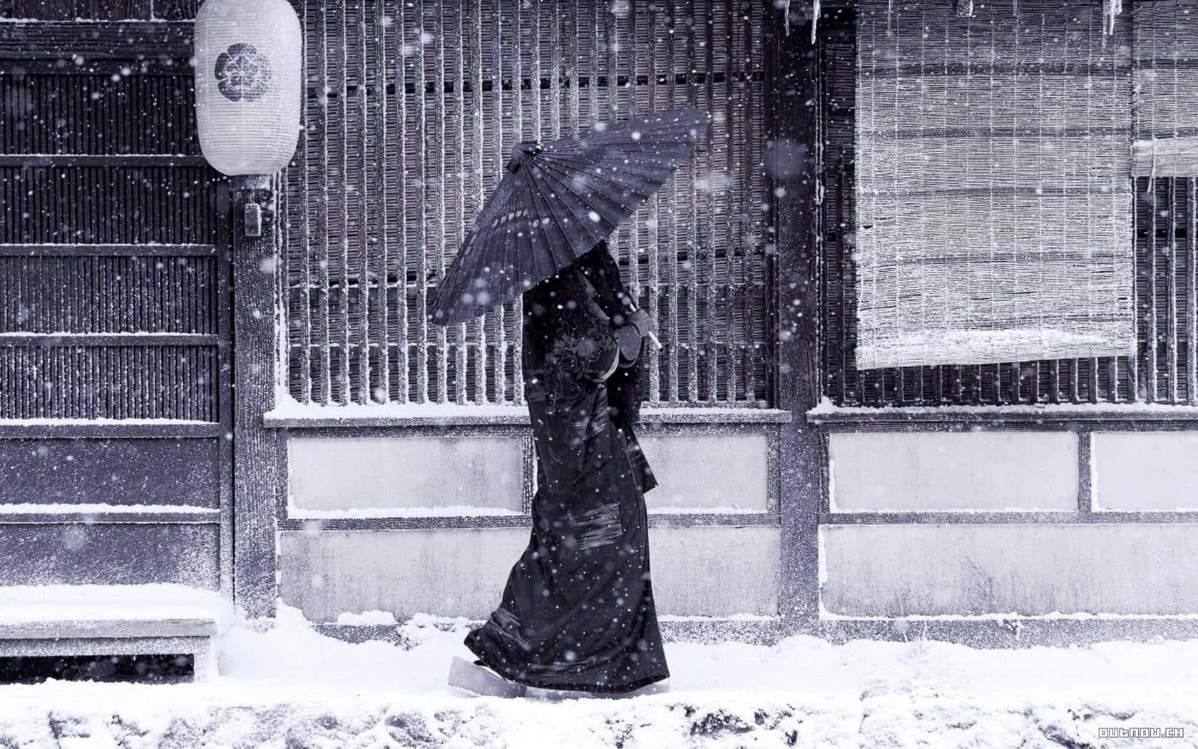 dark kimono, falling snow, traditional umbrella, HD Desktop Wallpaper