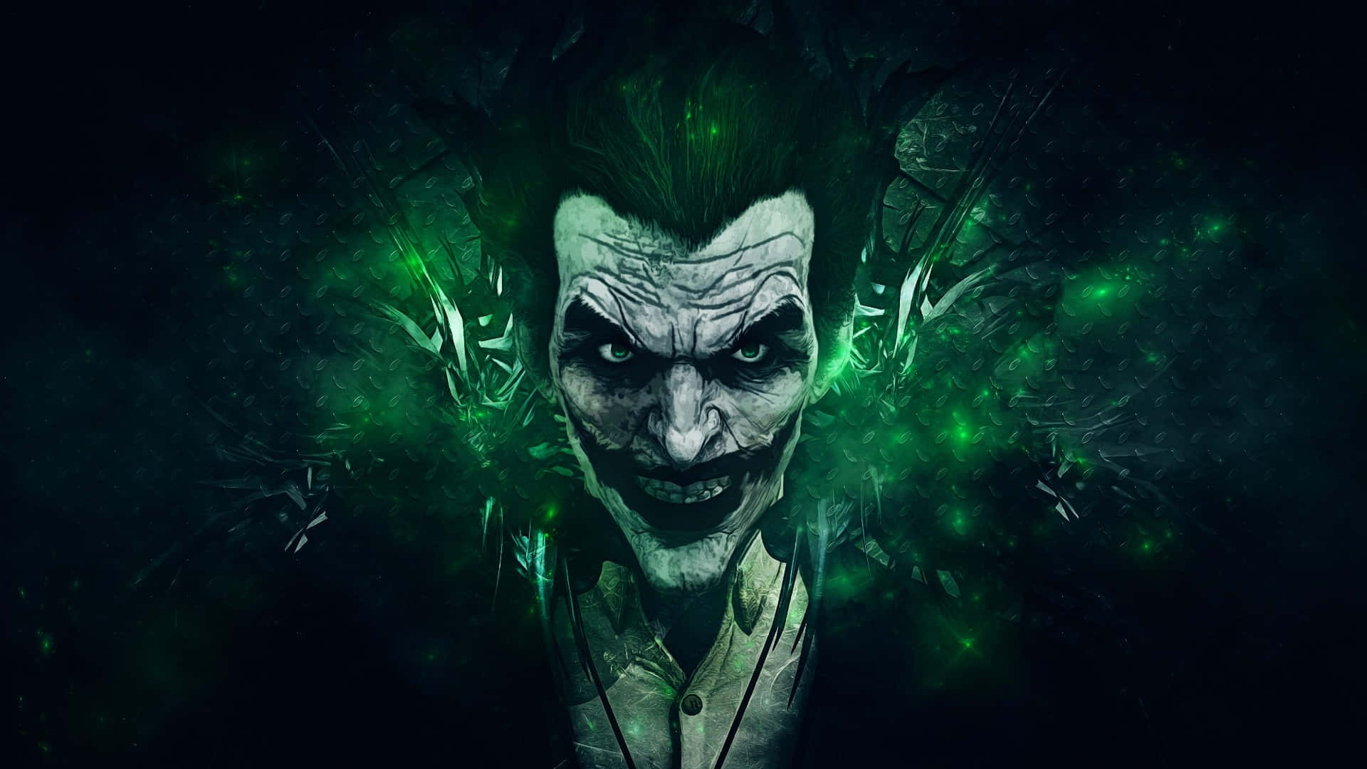 Dark Joker, glowing green hair, chaotic energy, Full HD Desktop Wallpaper