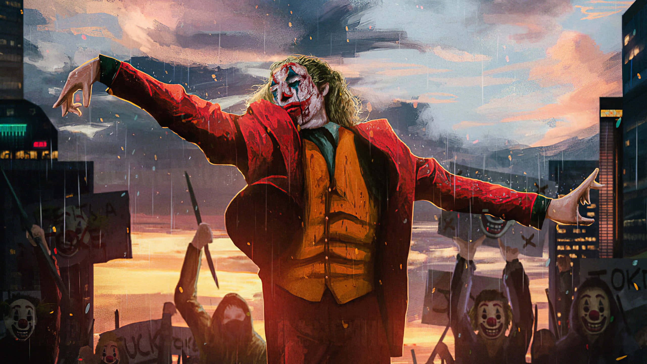 Joker, rain-soaked cityscape, masked followers, 2K Desktop Wallpaper