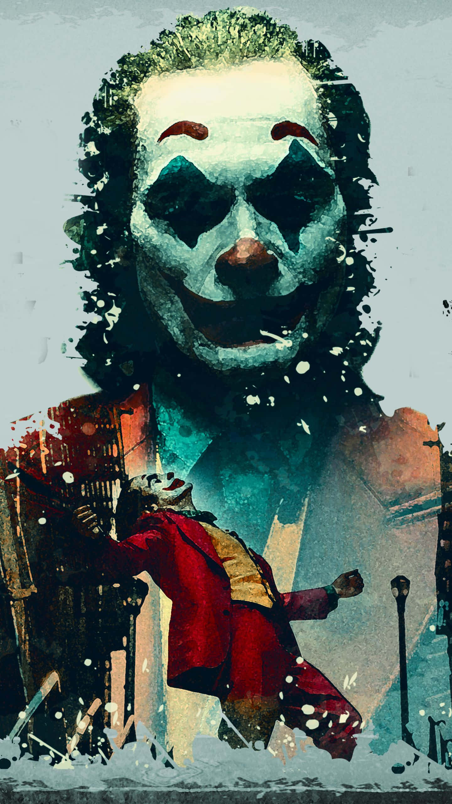 Joker, red suit, gritty urban backdrop, 2K Phone Wallpaper