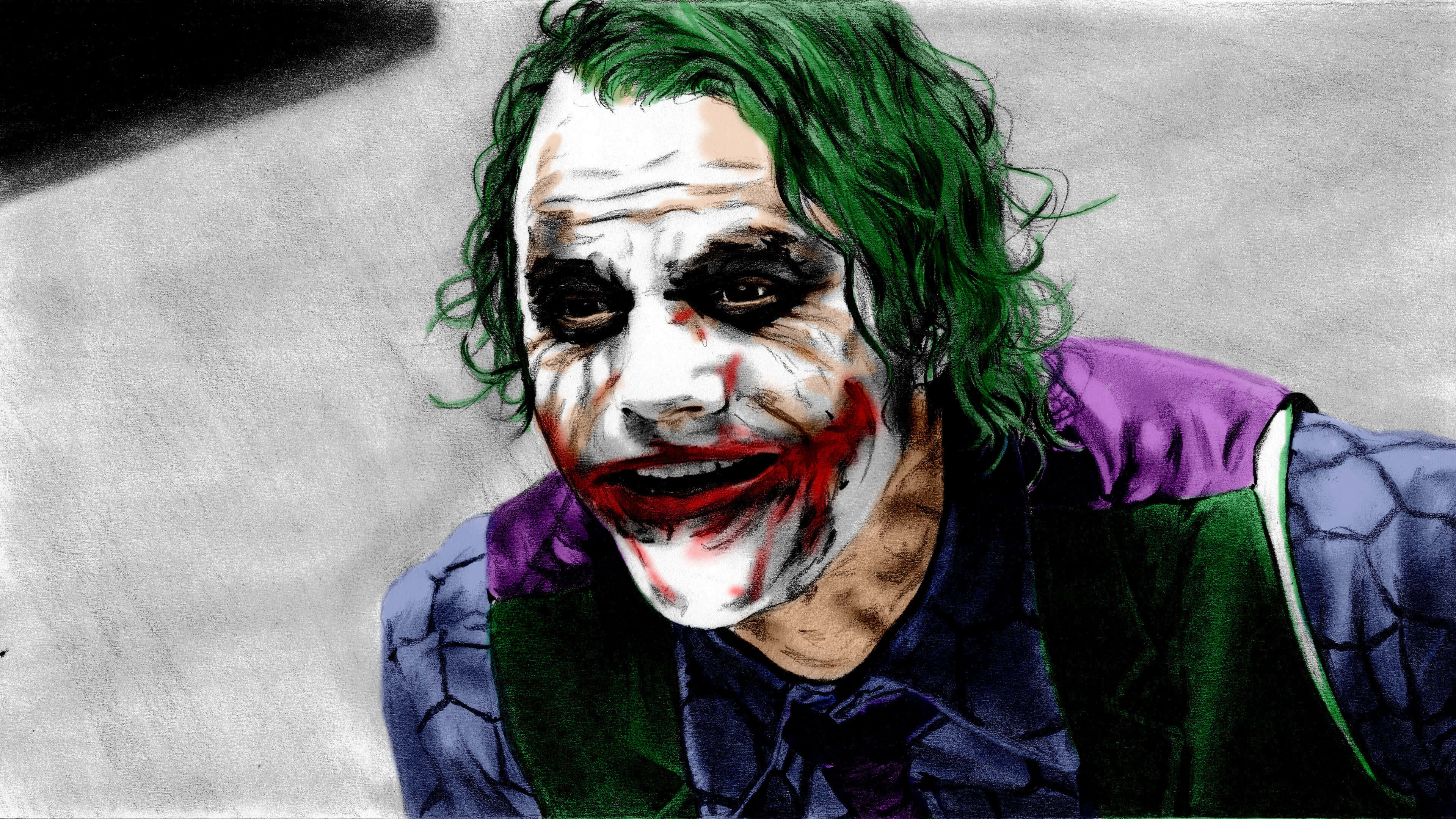 Dark Knight Joker, wild green hair, smeared red lipstick, 4K Desktop Wallpaper