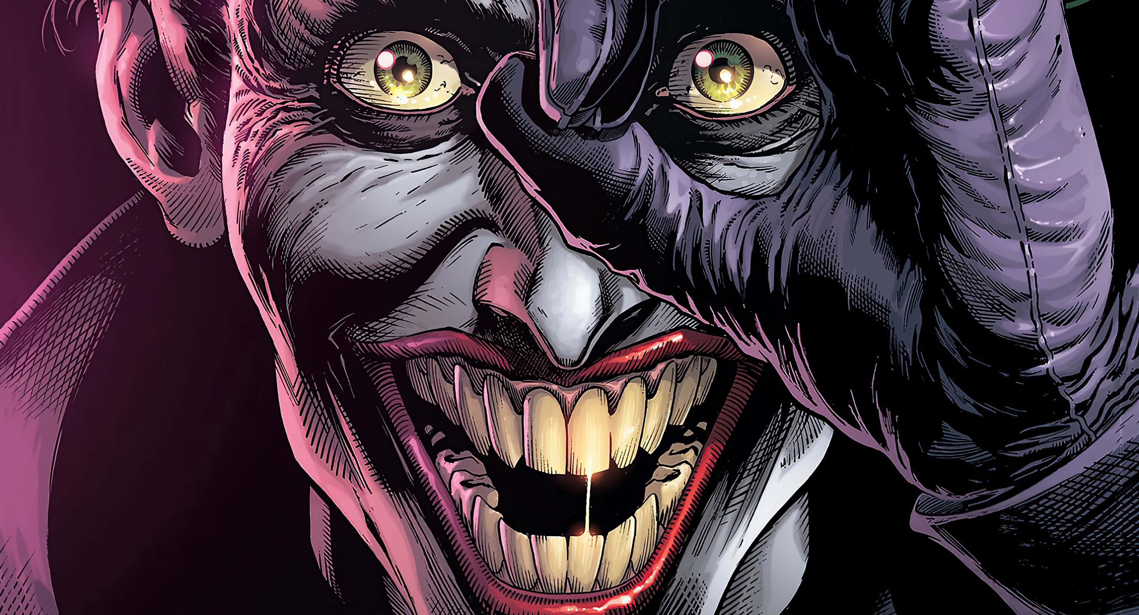 Dark Joker, glowing yellow eyes, purple skin, 4K Desktop Wallpaper