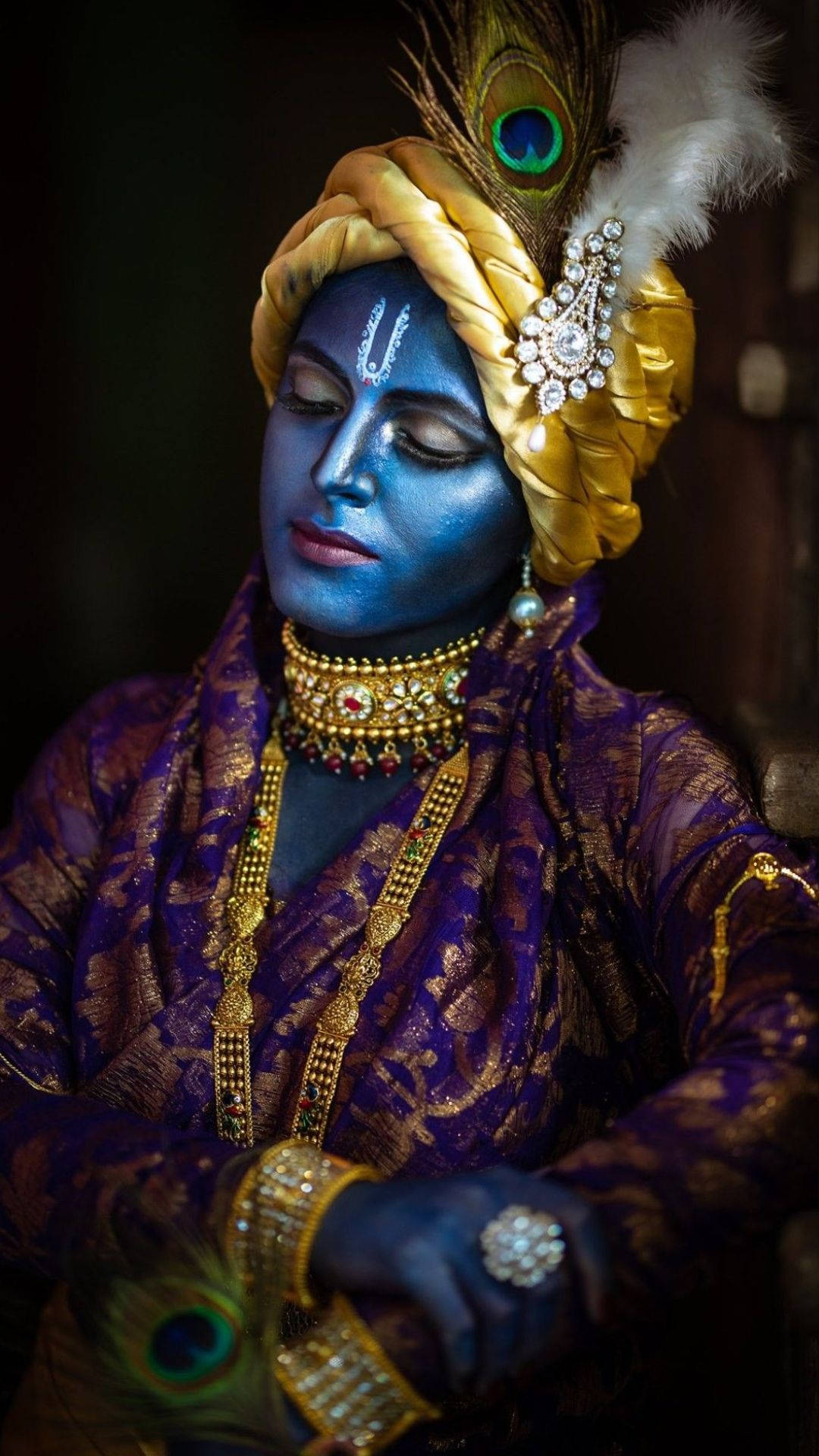 Dark Krishna, blue skin, golden turban, Full HD Phone Wallpaper