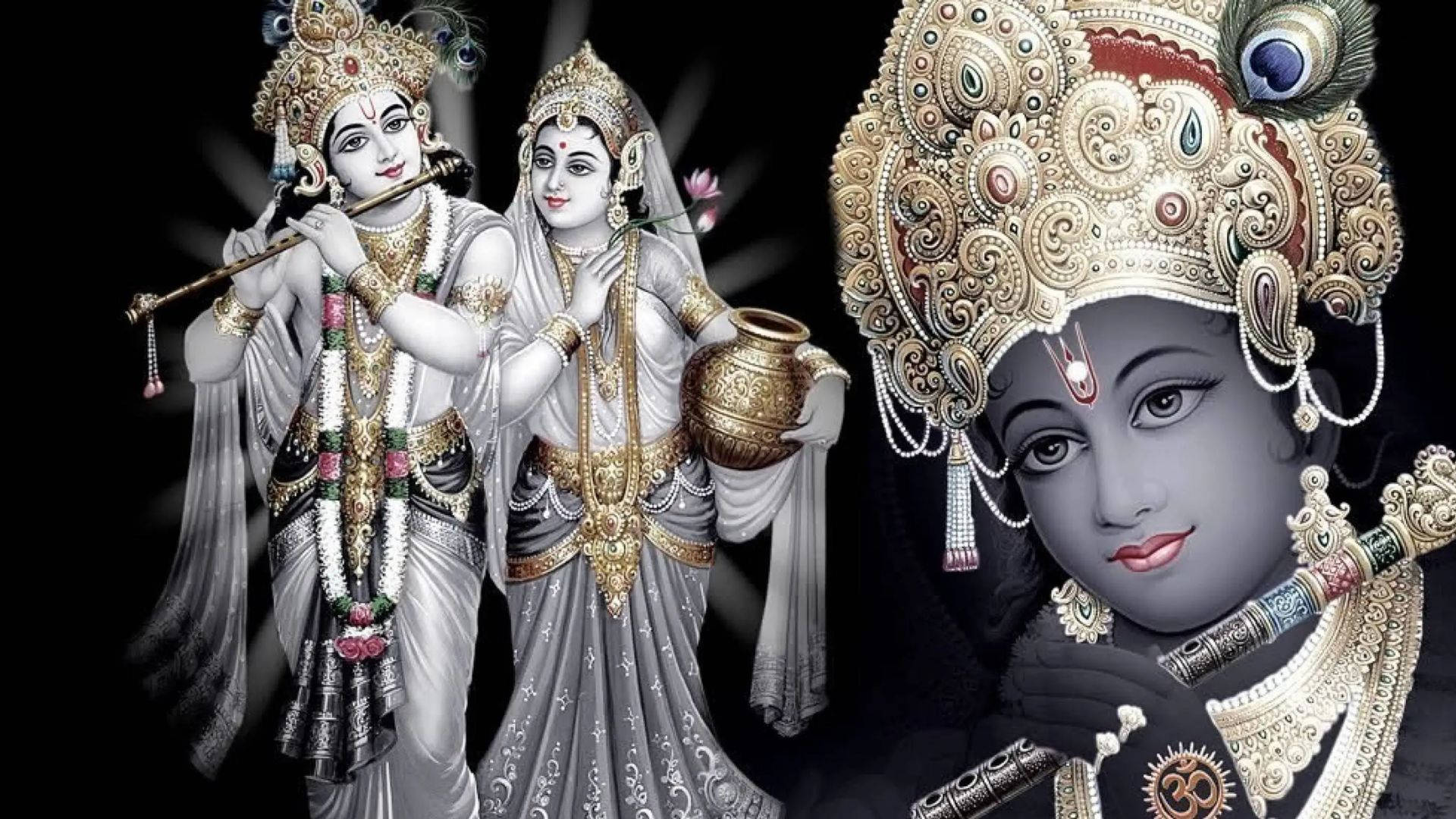 Dark Krishna, flute, golden jewelry, Full HD Desktop Wallpaper