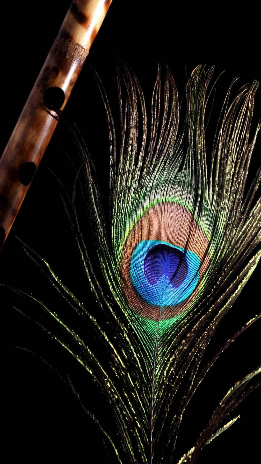 Dark Krishna, bamboo flute, vibrant peacock feather, Full HD Phone Wallpaper