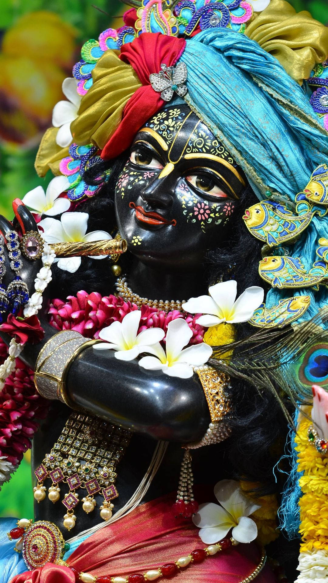 Dark Krishna, gold jewelry, colorful headwear, Full HD Phone Wallpaper