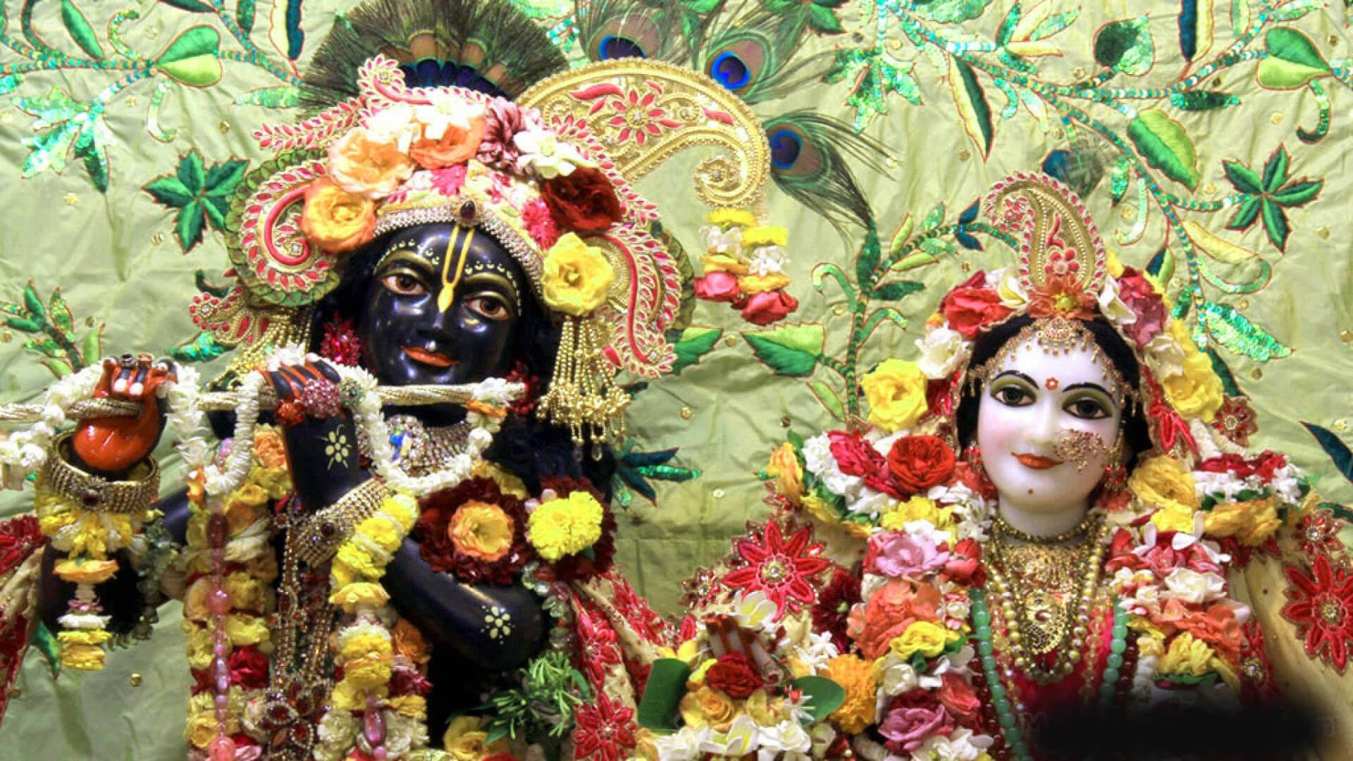 Dark Krishna, Hindu deities, floral garlands, Full HD Desktop Wallpaper