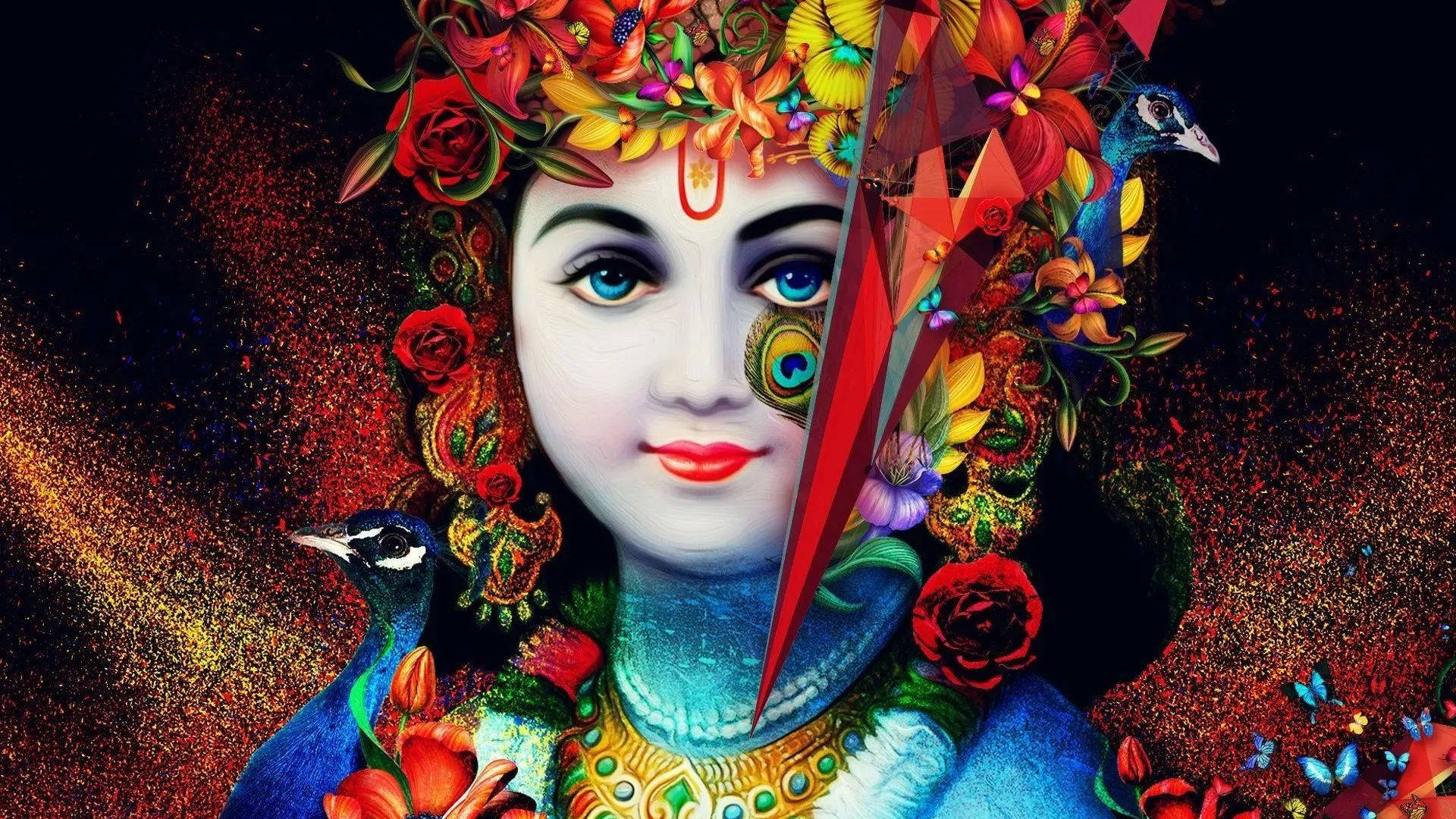 Dark Krishna, flower crown, vibrant flowers, Full HD Desktop Wallpaper